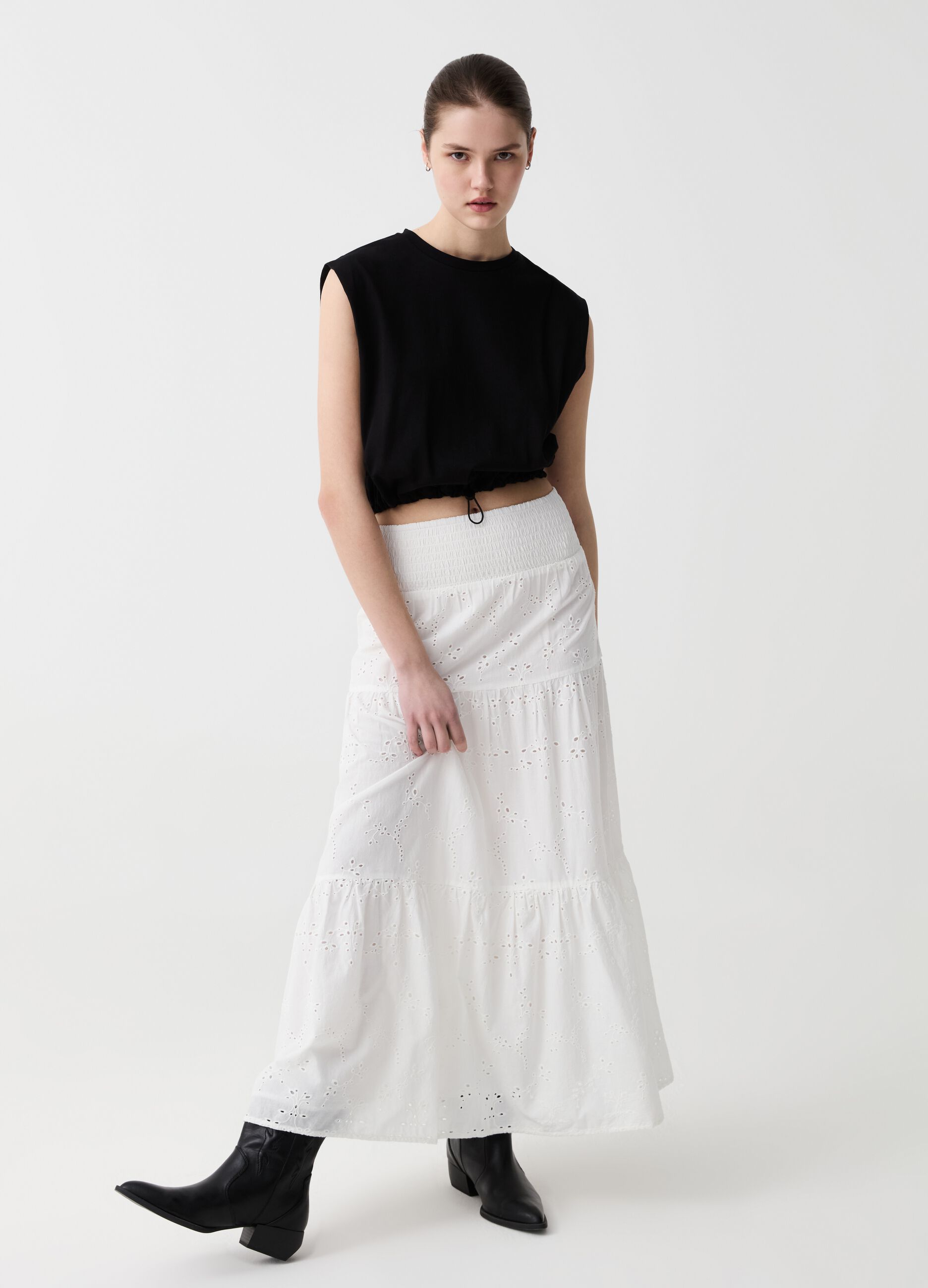 Long tiered skirt in broderie anglaise