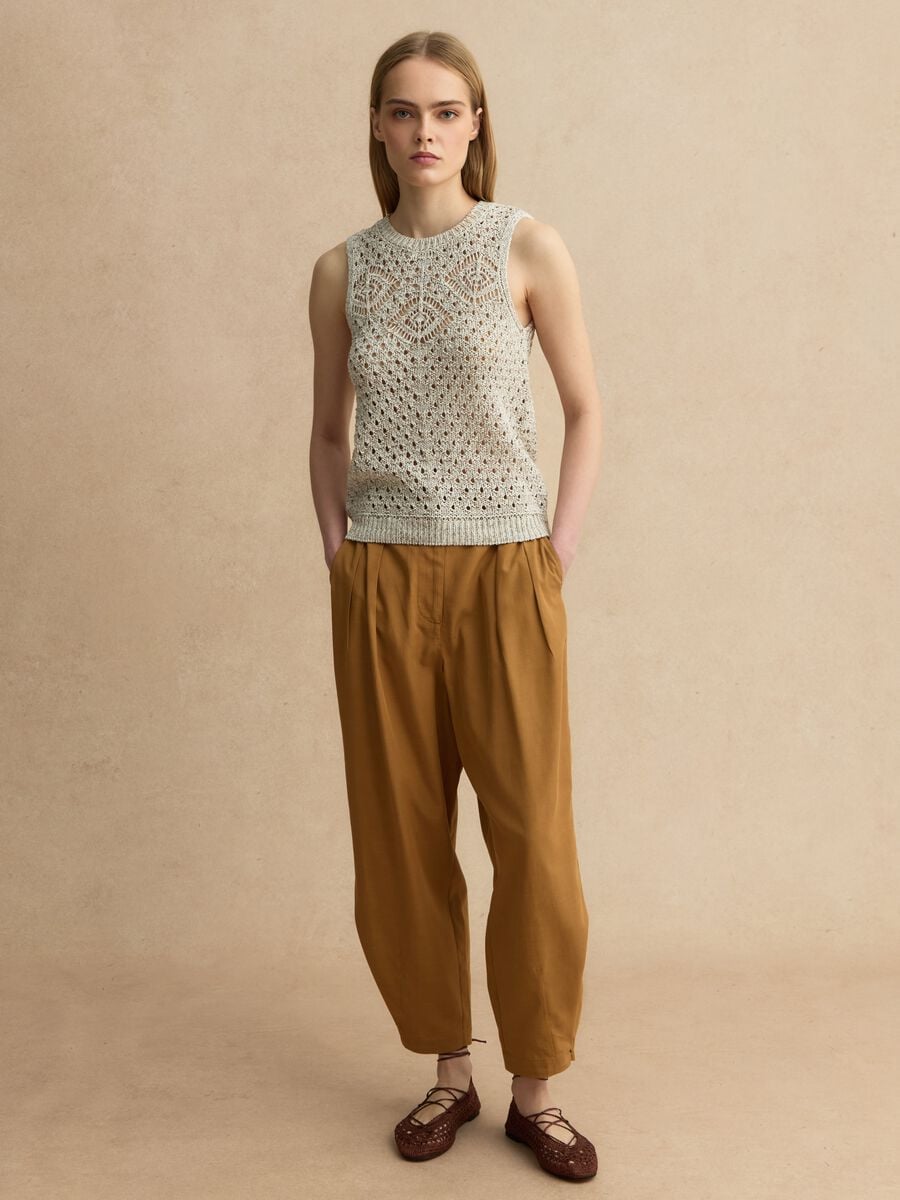 Fitted beige cotton blend mesh vest_3