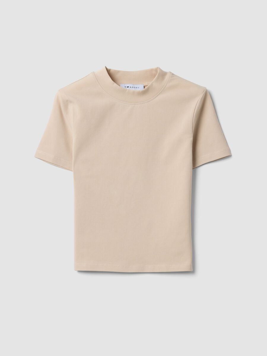 Beige fitted stretch-cotton T-shirt with high neck_4