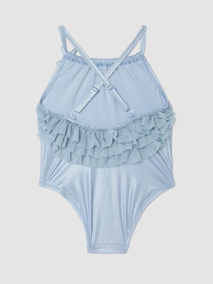 Light blue stretch swimsuit with ruffle detail for baby girls_1