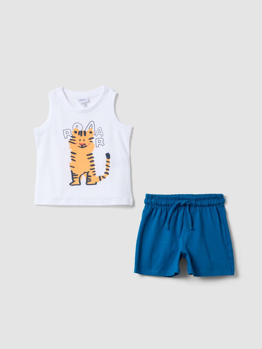 White and blue pure cotton set with vest top and shorts_0