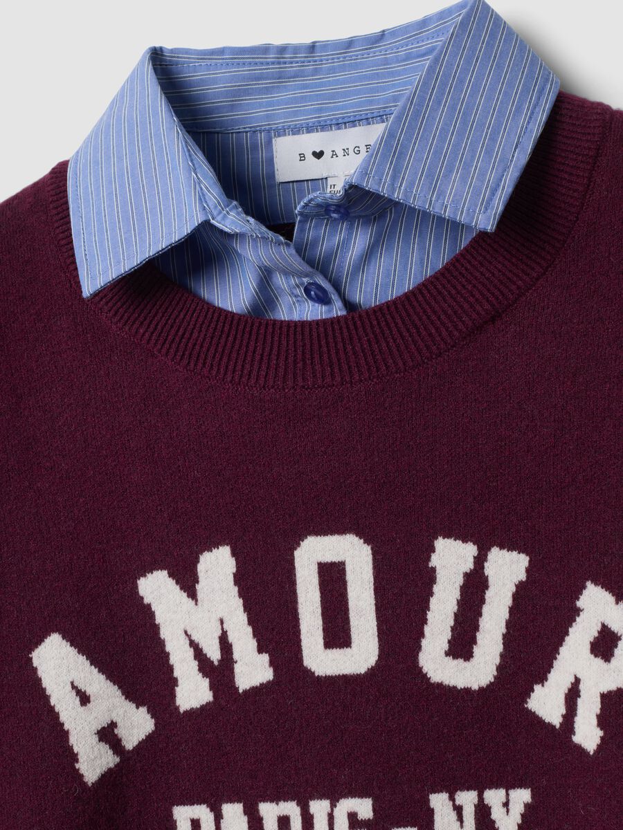 Maglia viola in misto viscosa e lana con scollo a V e inserto camicia_1