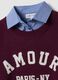 Maglia viola in misto viscosa e lana con scollo a V e inserto camicia_1