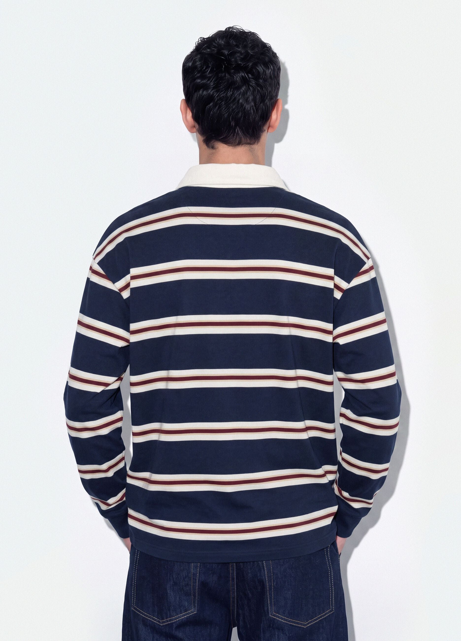Blue striped pure cotton rugby polo with classic collar