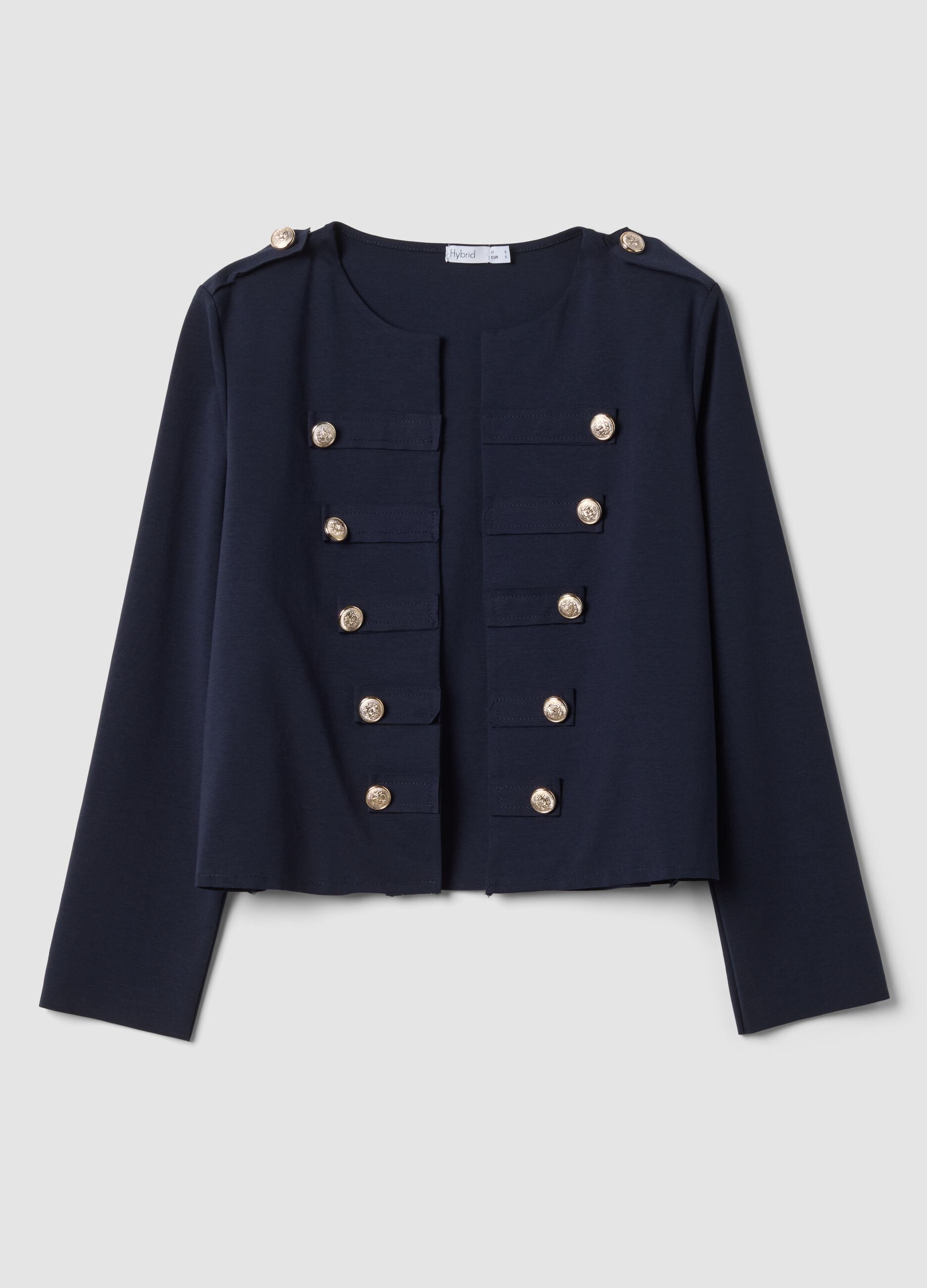 Casaco azul cropped em algod&atilde;o el&aacute;stico com bot&otilde;es decorativos, corte regular