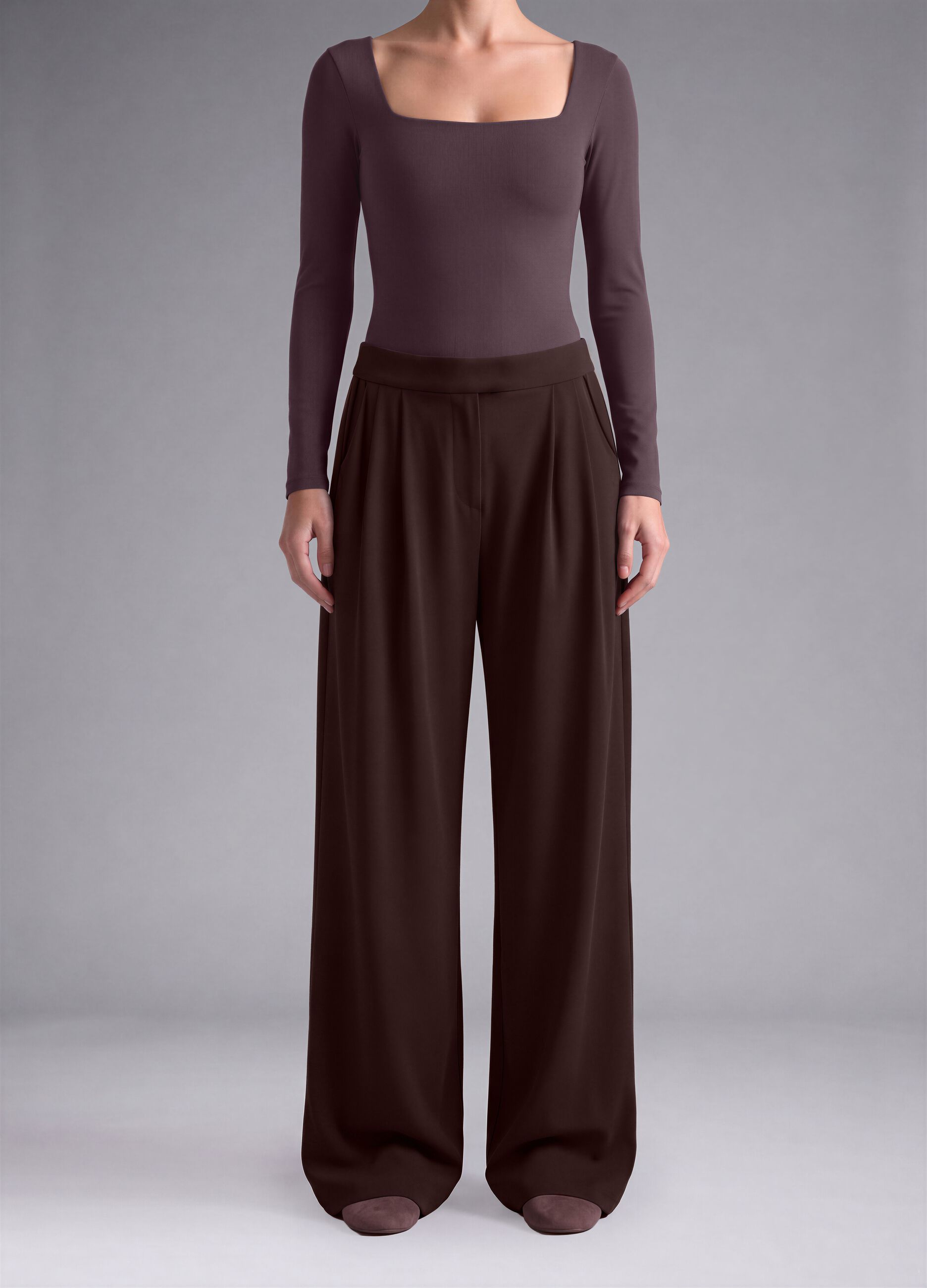 Brown wide-leg stretch-fabric trousers