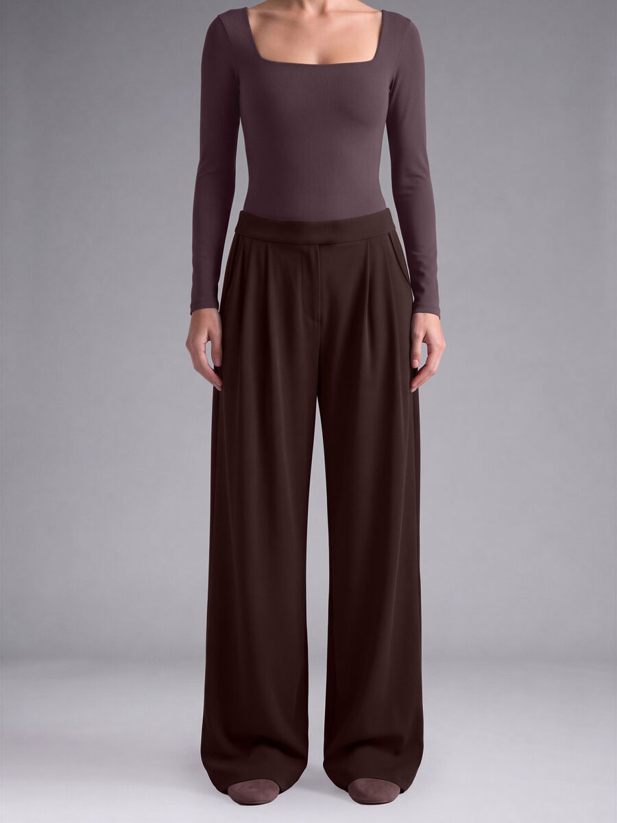 Brown wide-leg stretch-fabric trousers_1