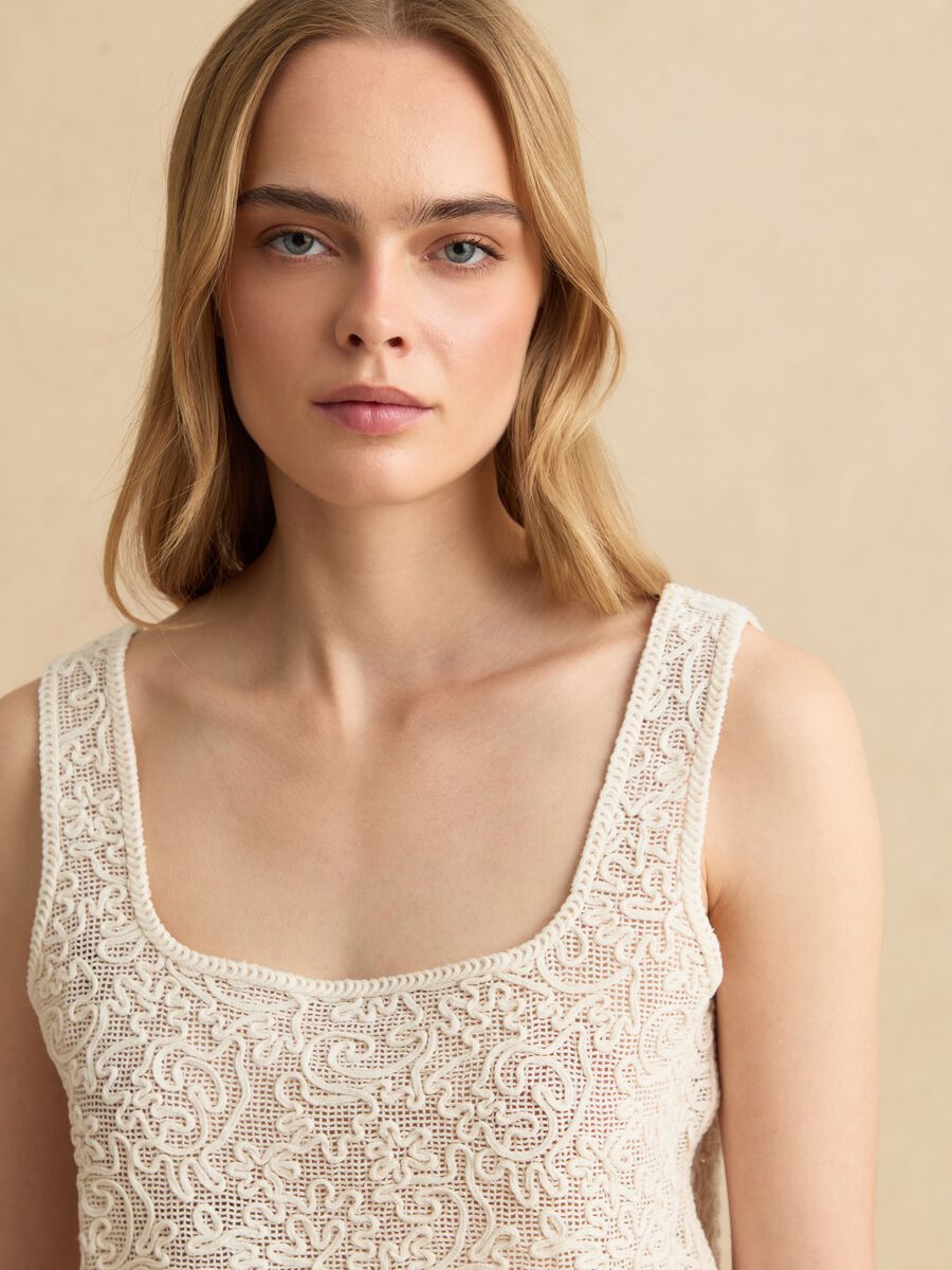 Beige cotton-blend regular-fit tank top with embroidery and mesh_0