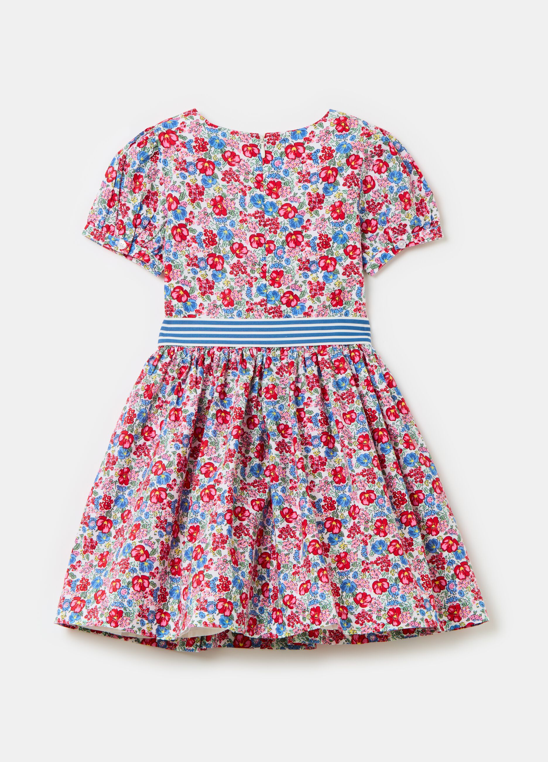 Floral cotton dress with striped ribbon