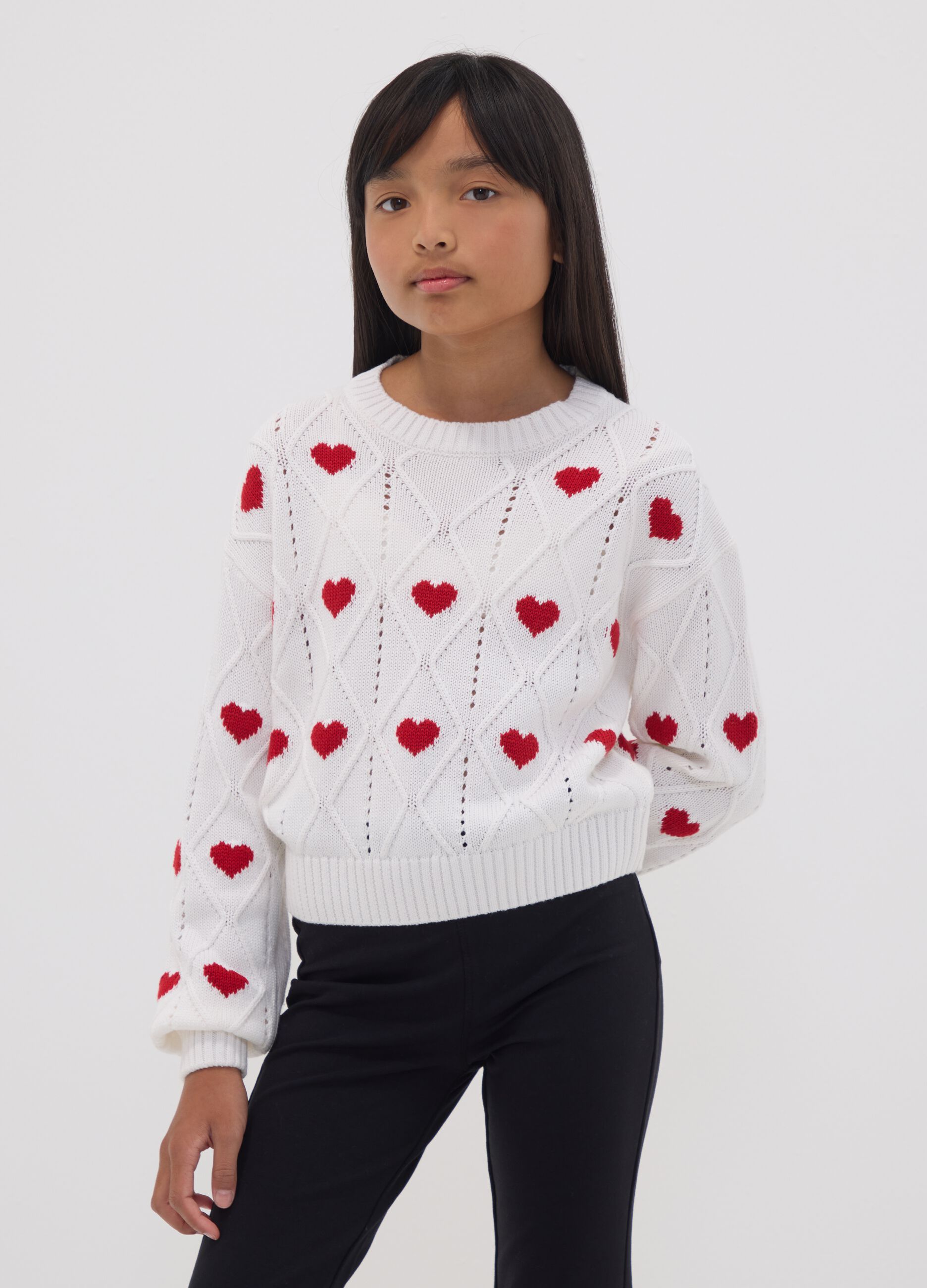 White cotton-blend jumper with openwork pattern and hearts for girls