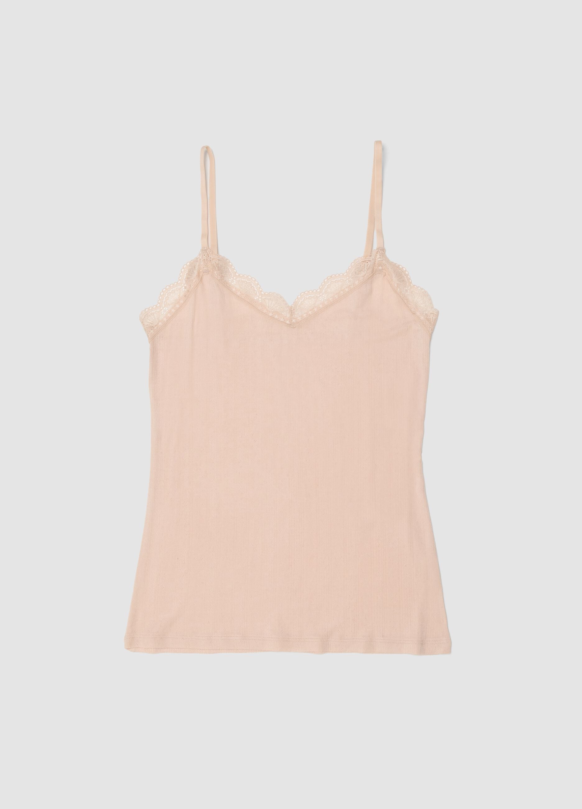Camisola de modal el&aacute;stico rosa ajuste regular com renda