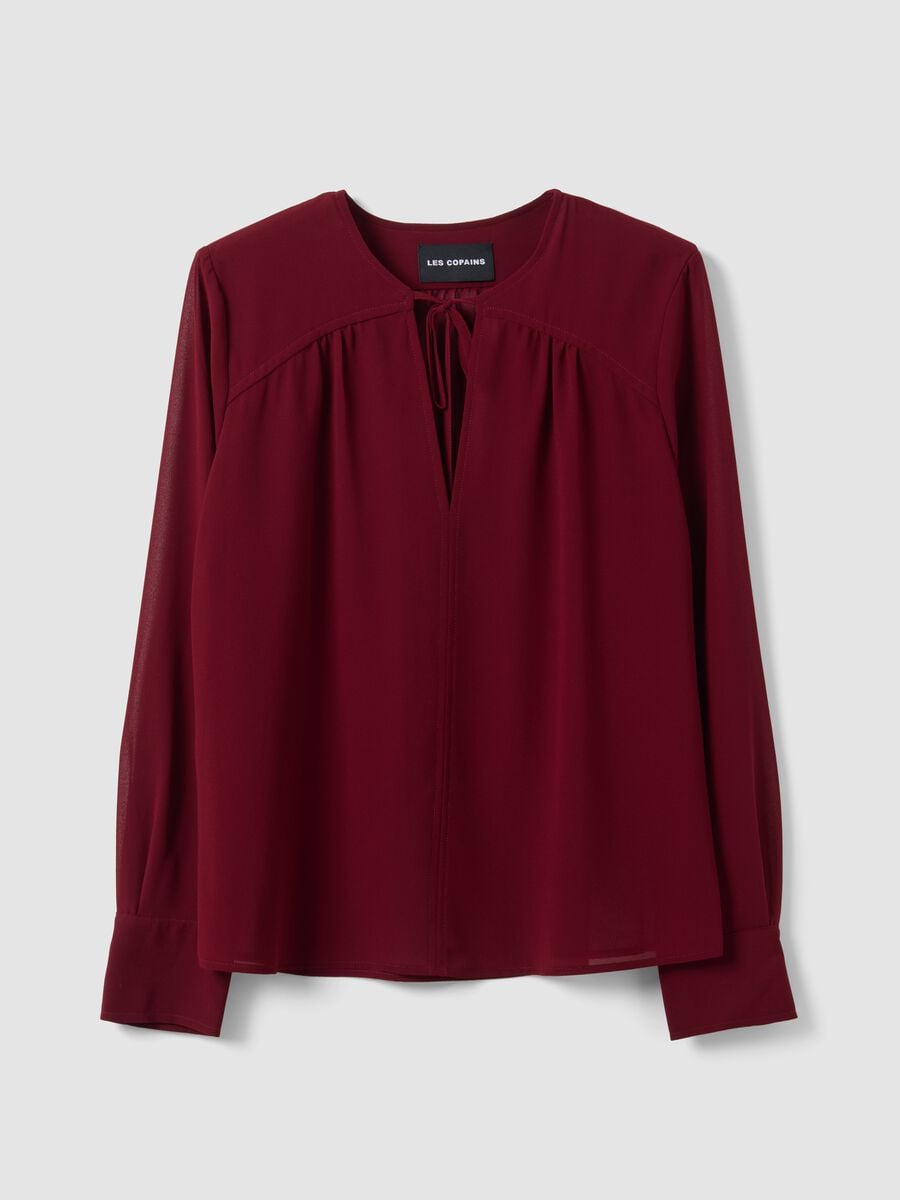 Red regular-fit blouse with V-neck and tie detail_0