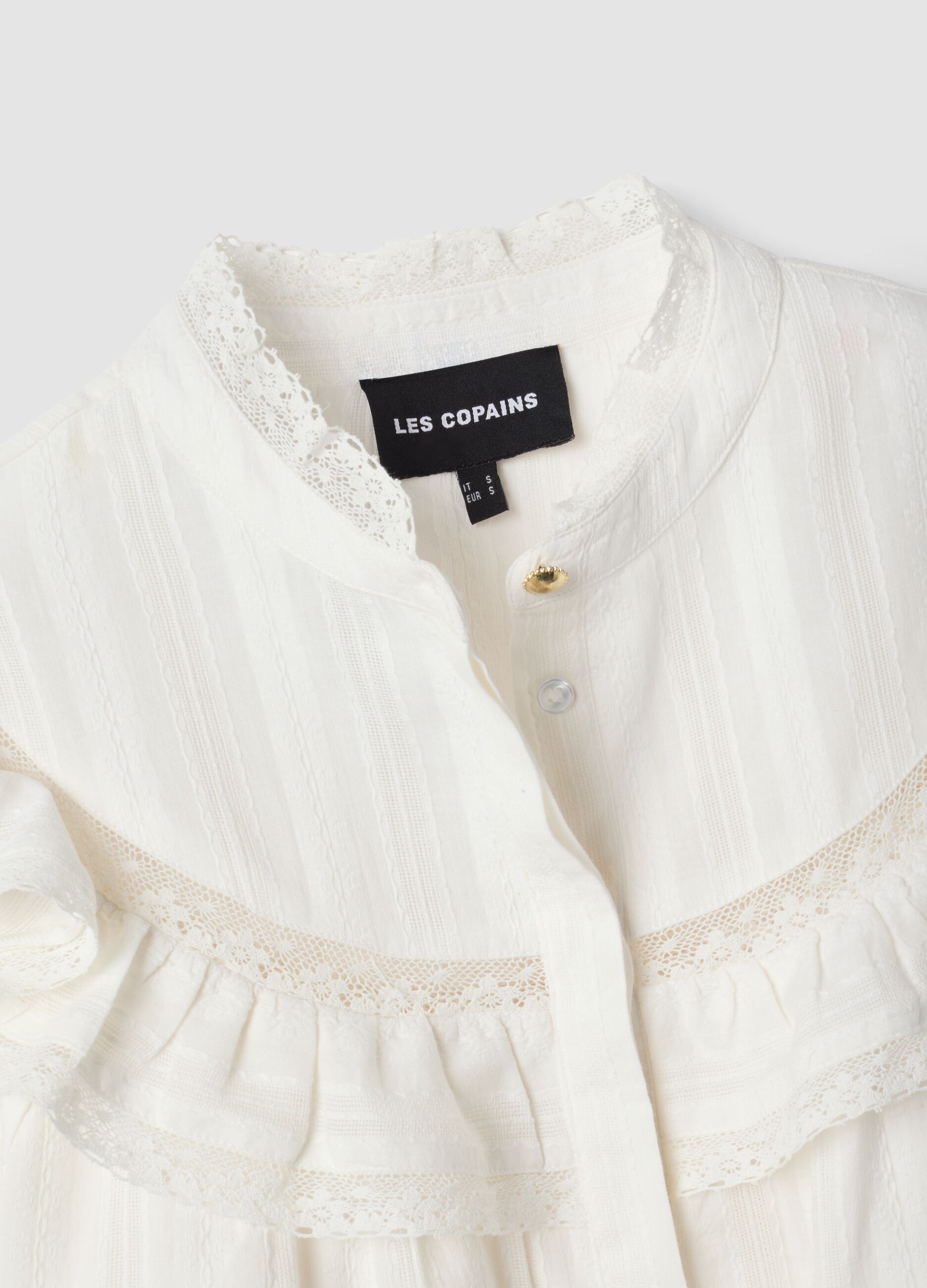 Camicia bianca in puro cotone con collo coreano e volant