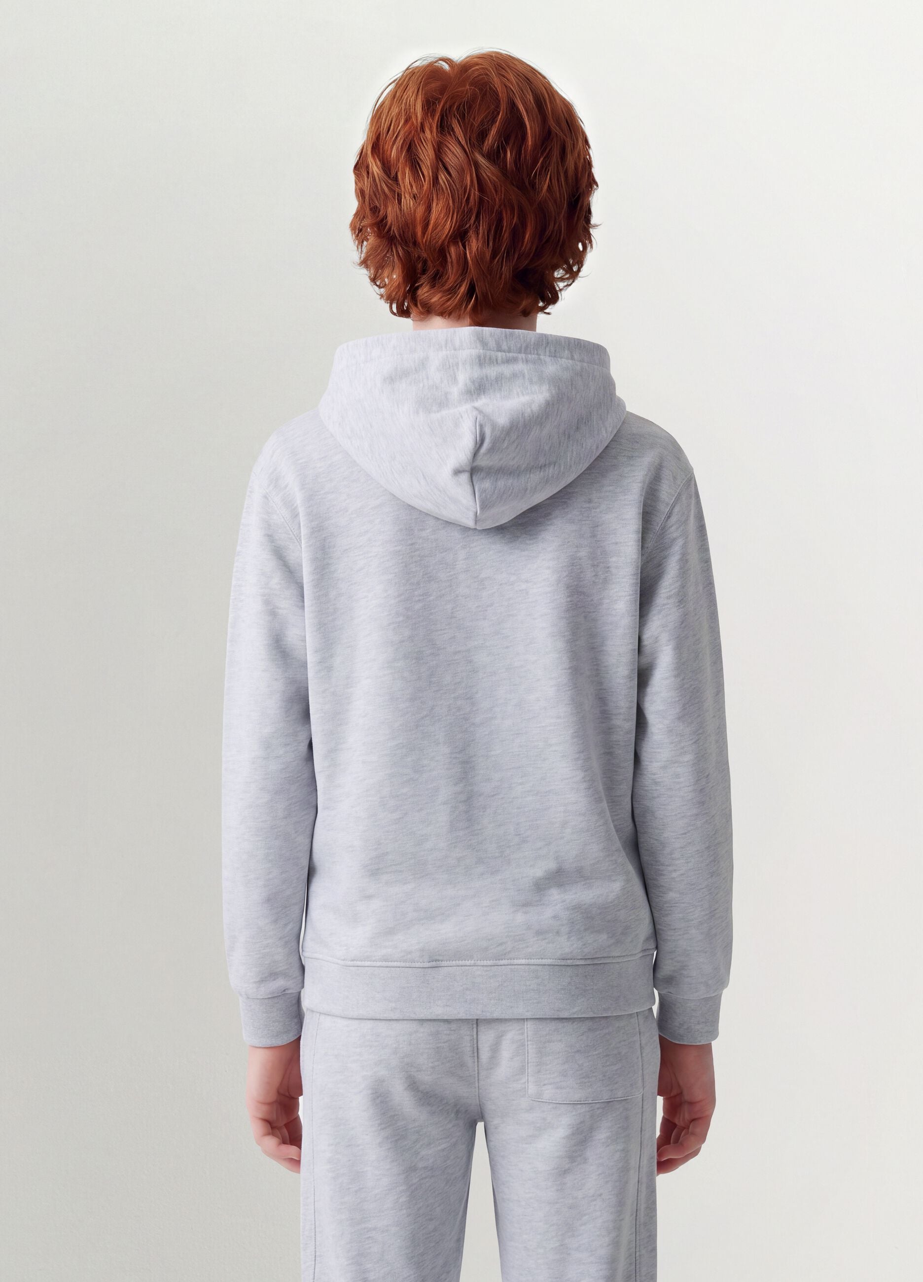 Grey hooded zip-up sweatshirt in pure organic cotton for boys, relaxed fit