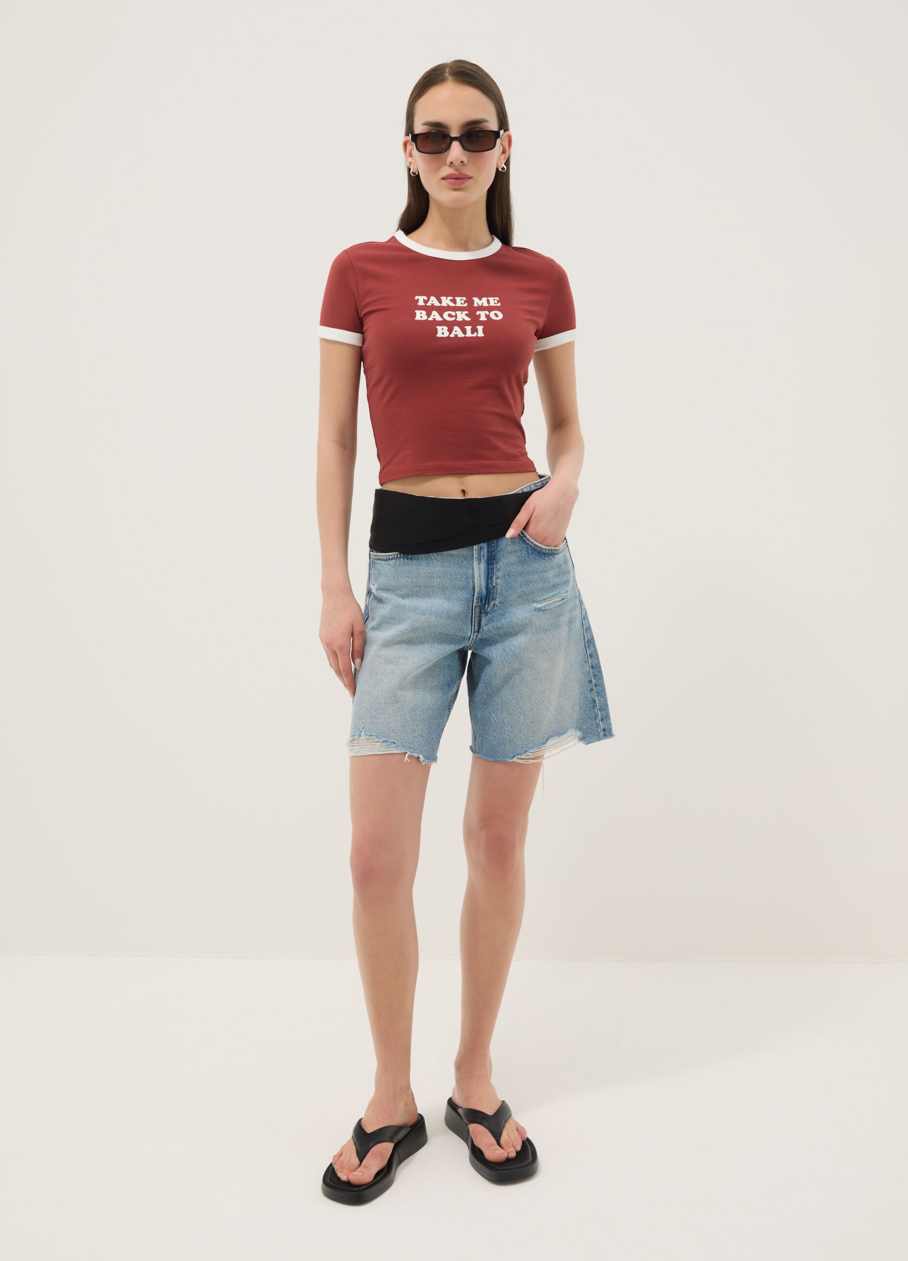 Rotes Regular-Fit T-Shirt aus Stretch-Baumwolle mit Print