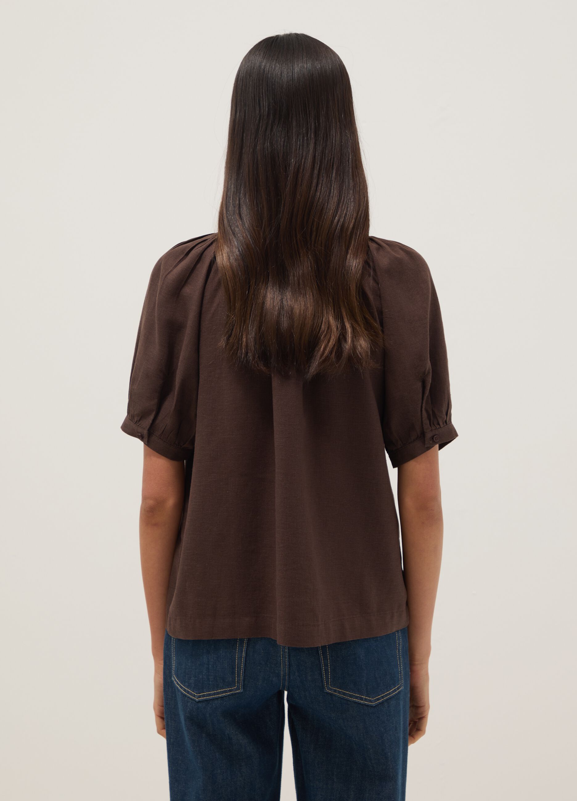 Brown linen blend regular fit shirt with Mandarin collar