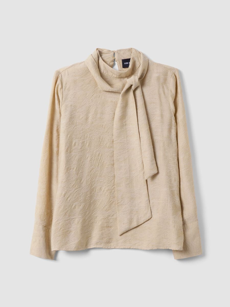 Beige viscose-blend blouse with bow collar_4