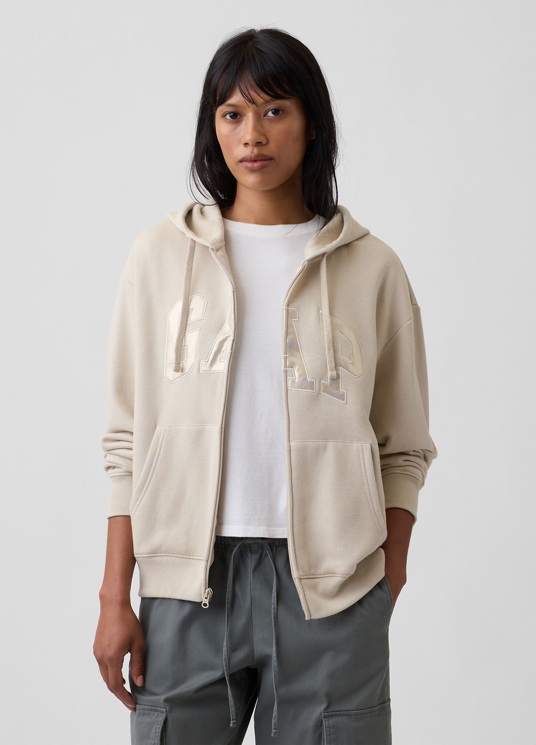 Sweatshirt bege com capuz em mistura de algod&atilde;o com log&oacute;tipo GAP