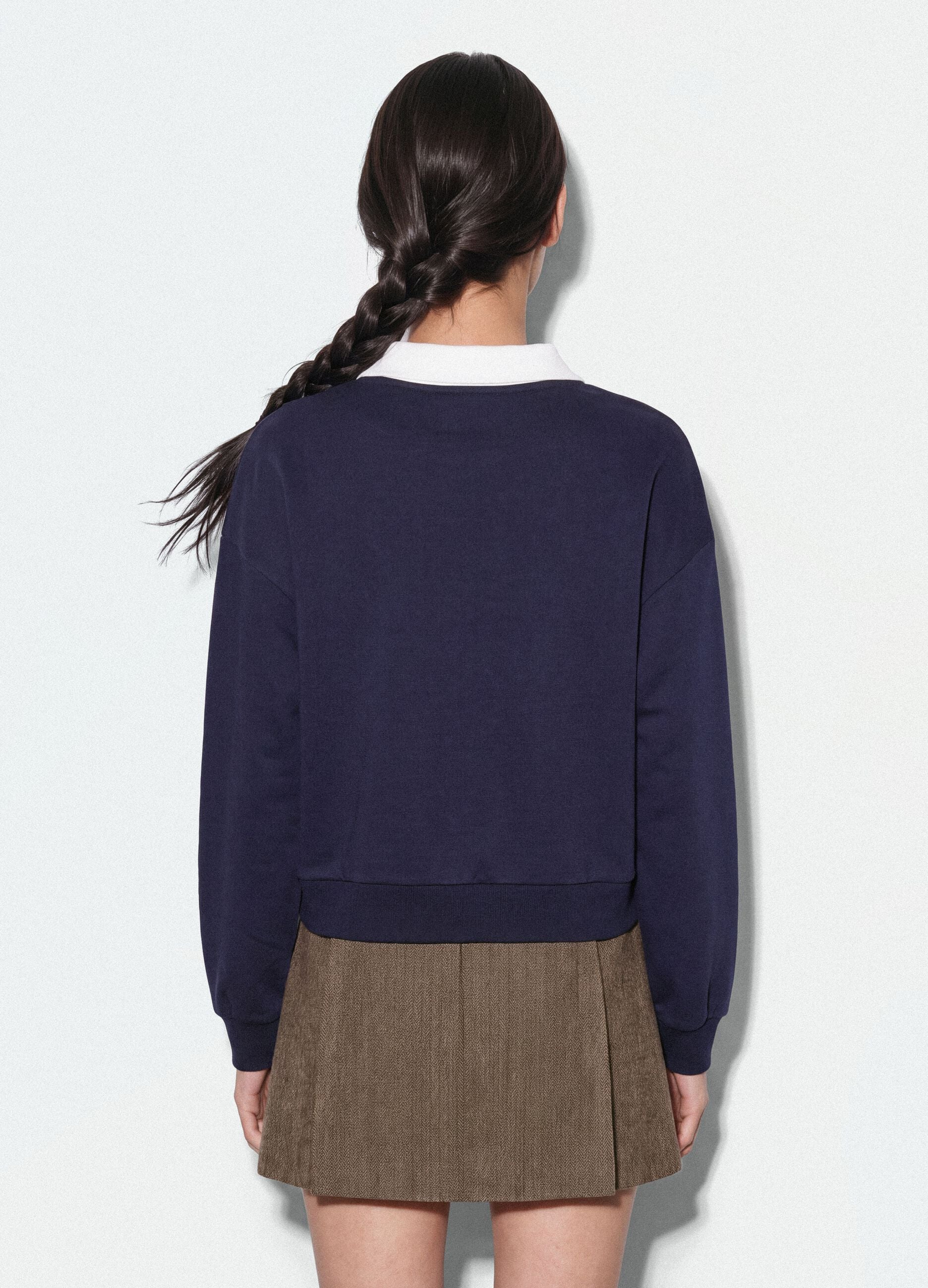 Blue cotton-blend sweatshirt with crew neck and contrast collar
