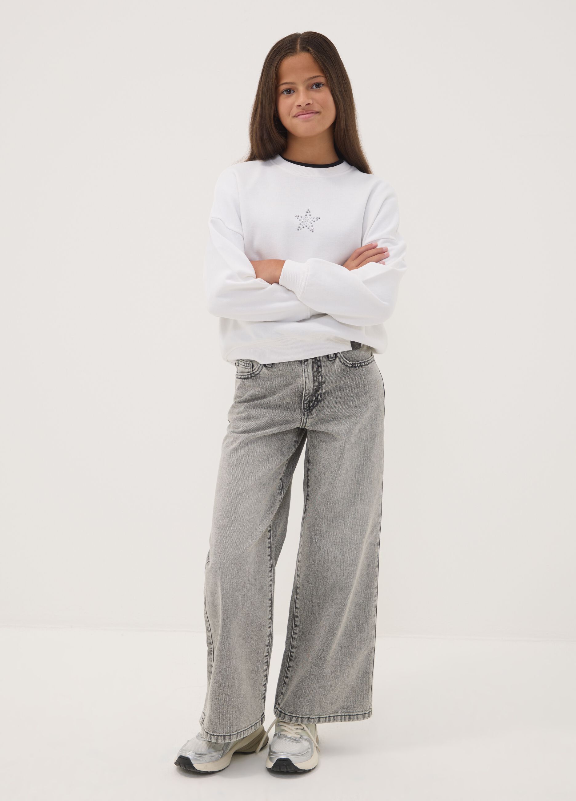 Girls&rsquo; grey wide-leg jeans in pure cotton