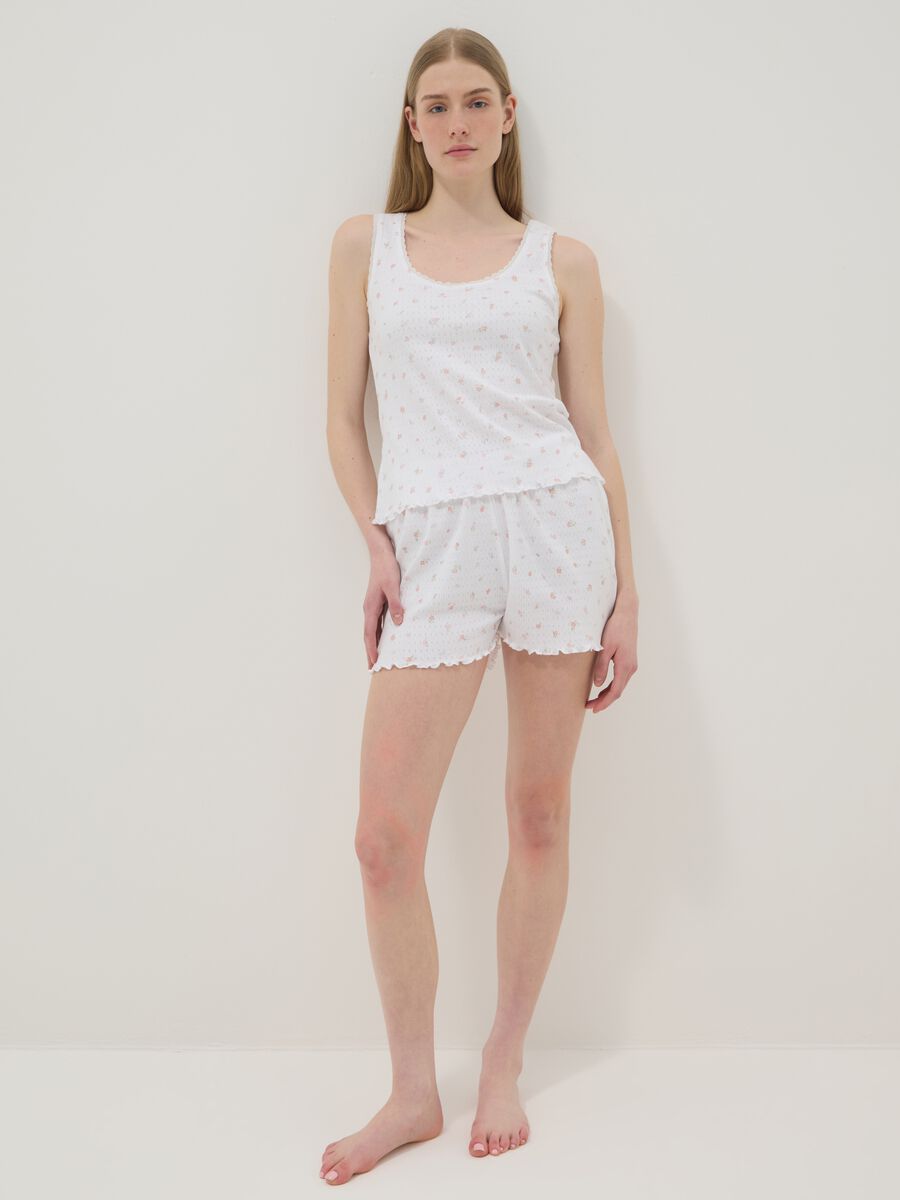 White pure cotton pyjama shorts regular fit with small floral pattern_0