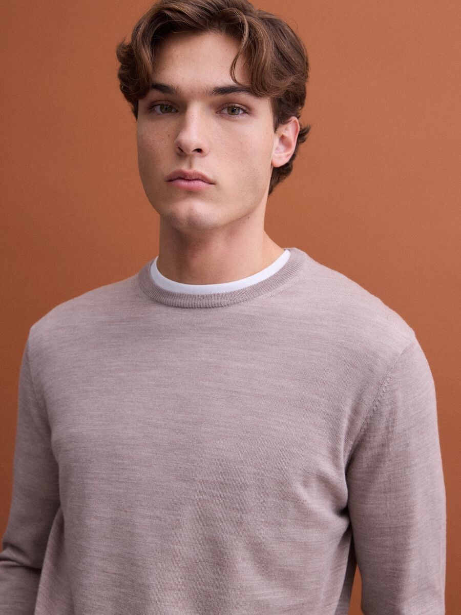 Beiger Rundhals-Pullover aus reiner Merinowolle, Regular Fit_1