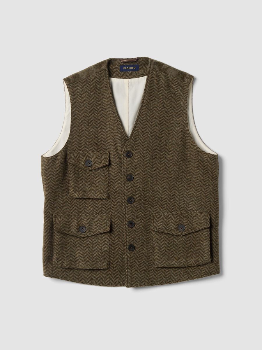 Brown herringbone wool and viscose blend waistcoat_0