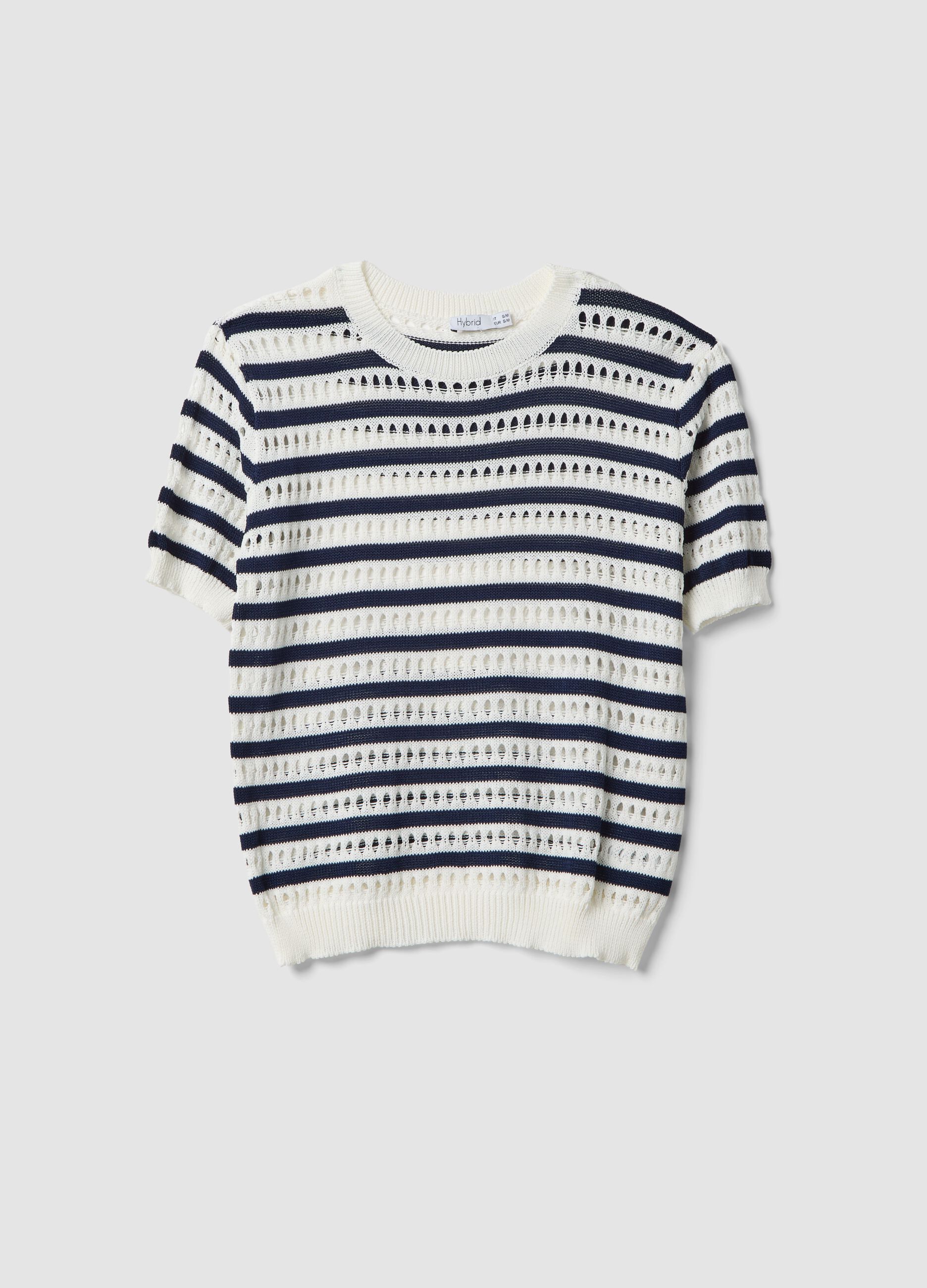 White and blue striped regular-fit openwork viscose-blend T-shirt