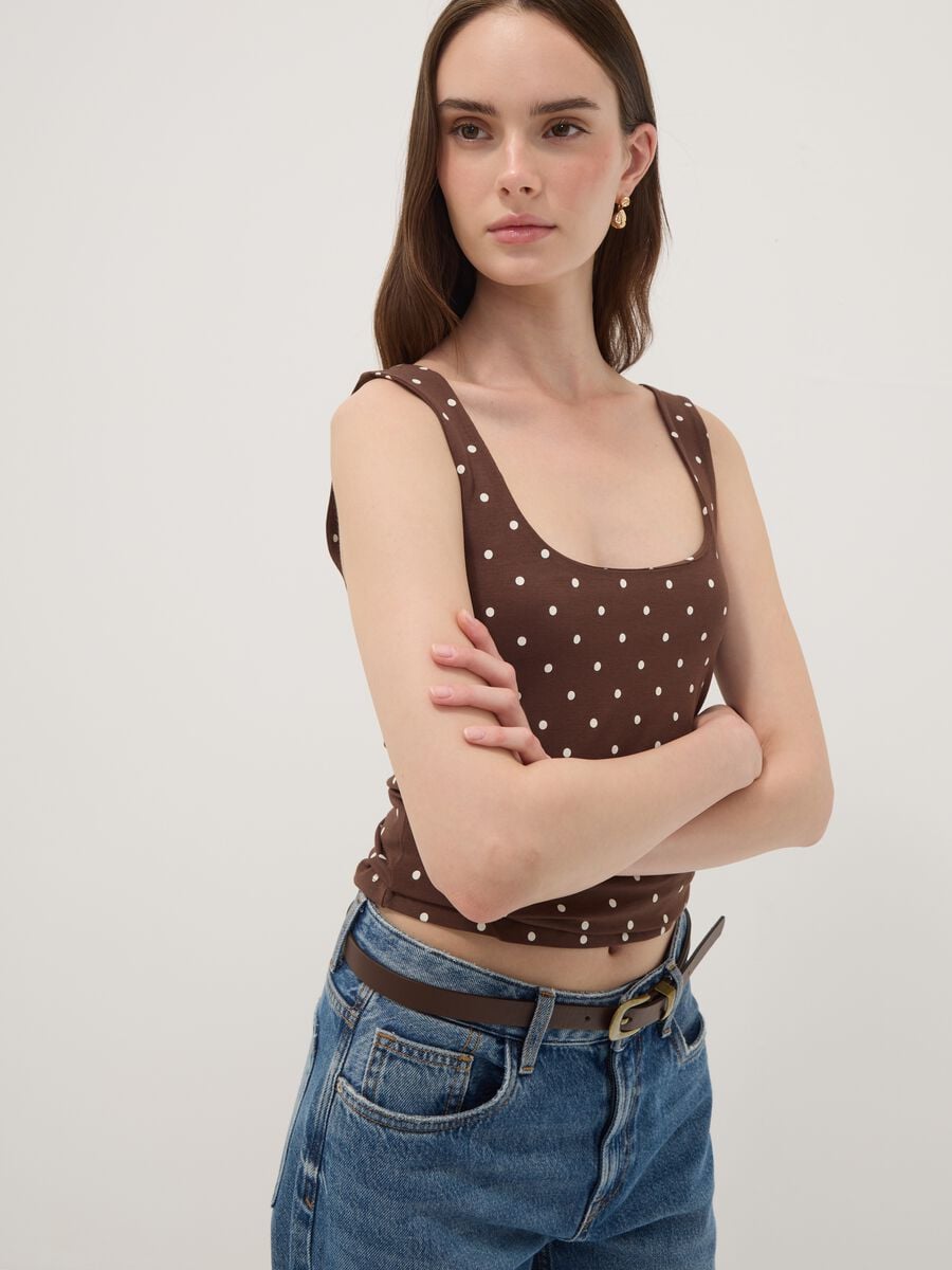 Brown fitted polka-dot stretch cotton top_1