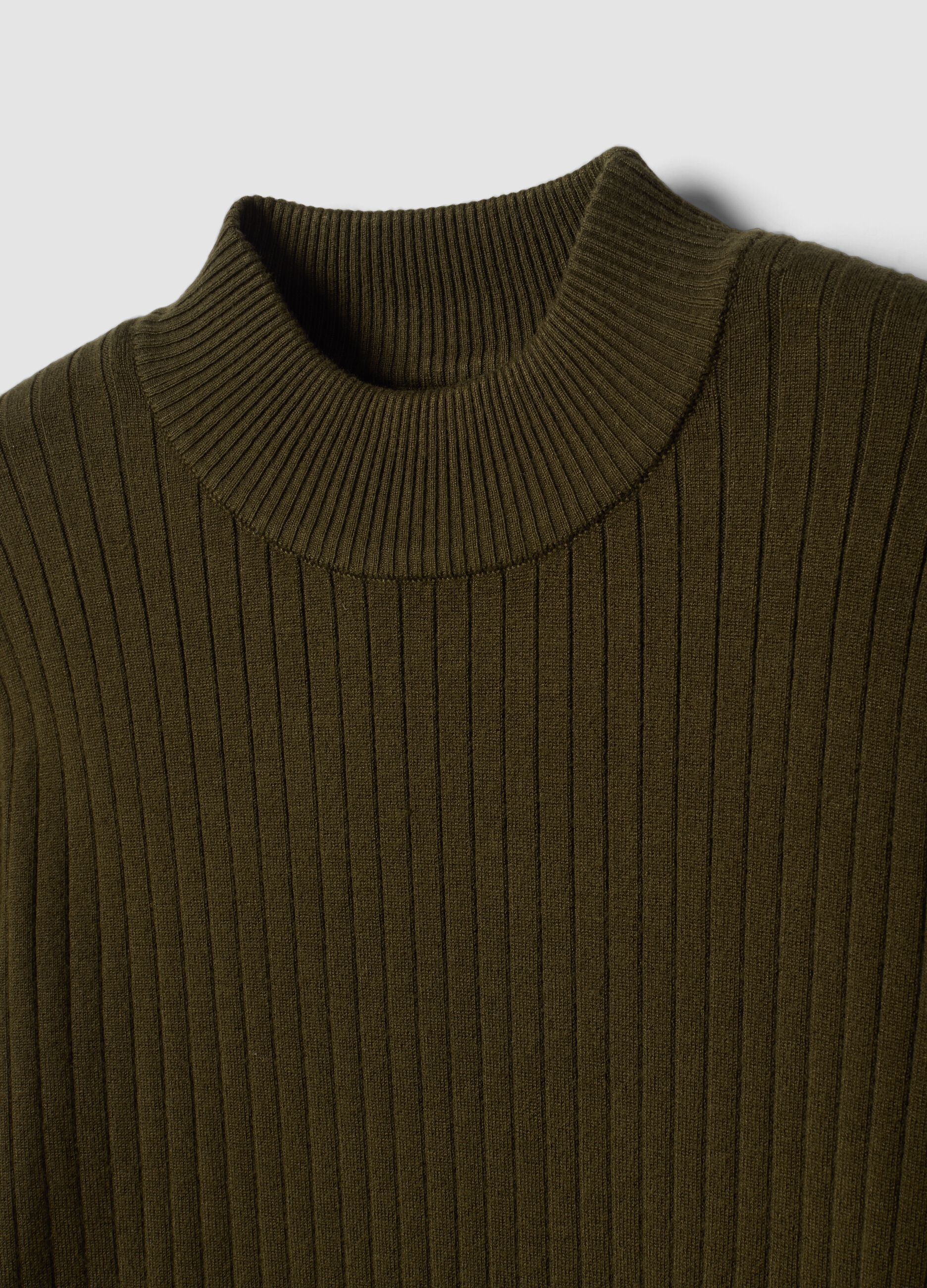 Green ribbed viscose-blend top with high neck