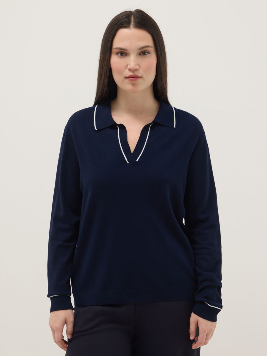 Camisola azul em mistura de viscose com gola polo ajuste regular_0