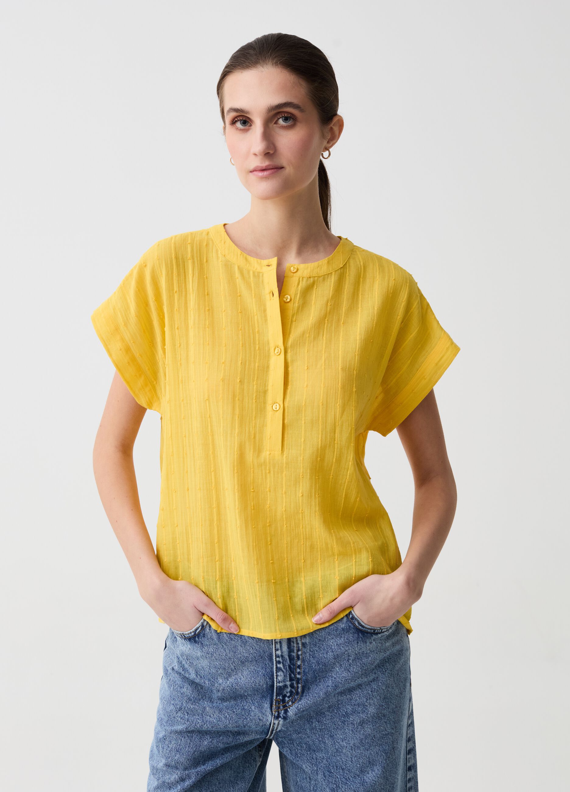 Cotton dobby blouse with granddad neckline