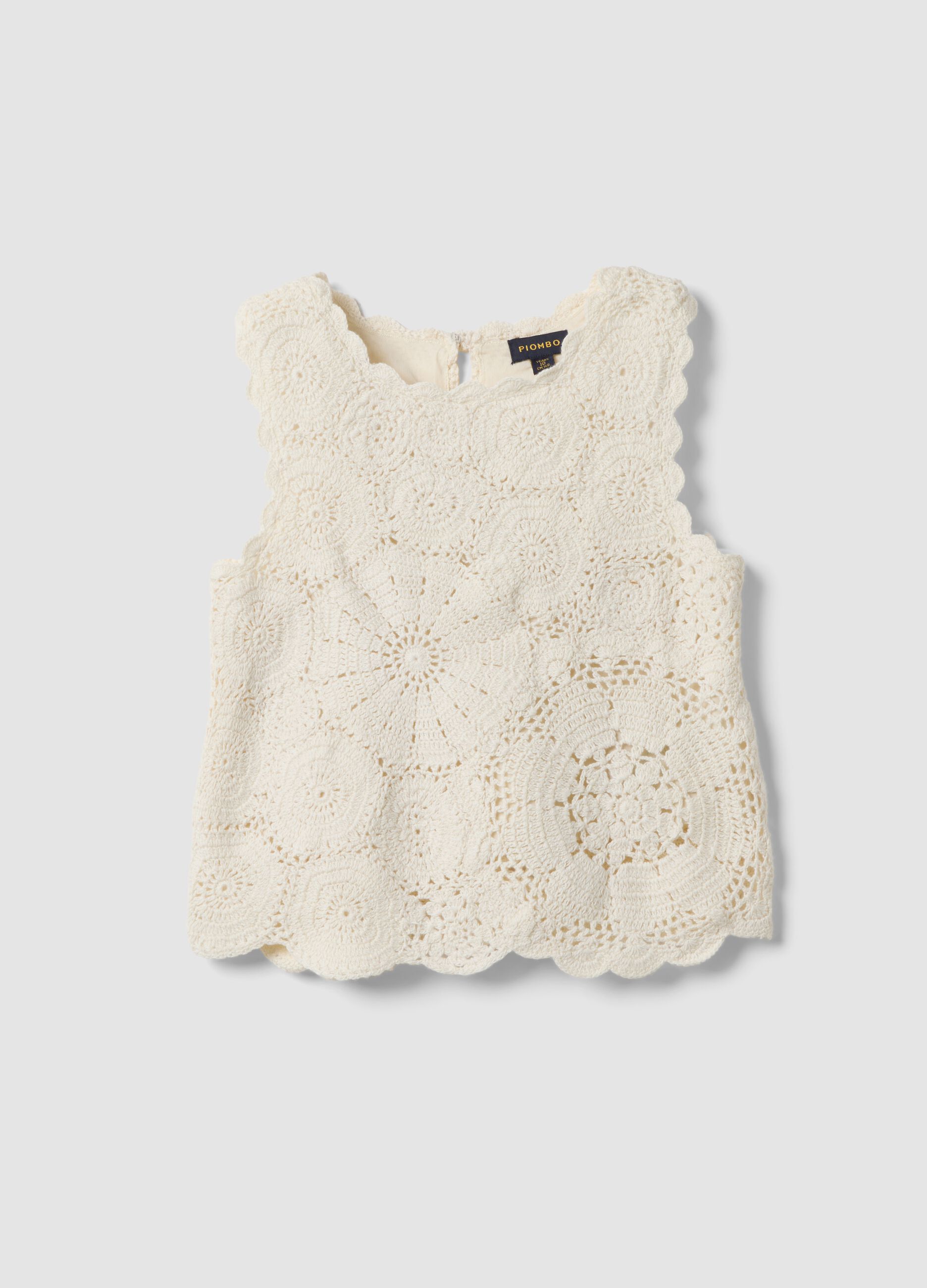 Girls&rsquo; white pure cotton tank top with floral open-knit pattern