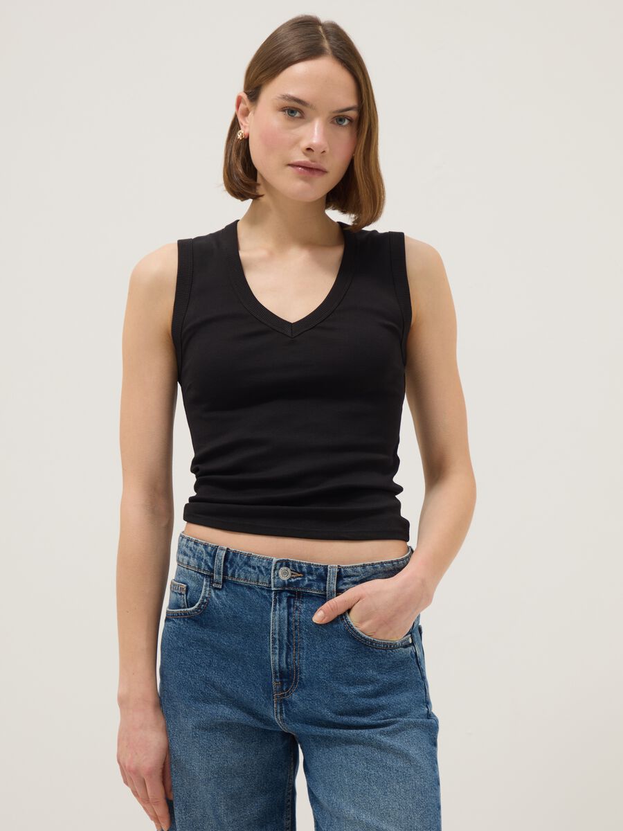 Black pure cotton tank top with V-neck regular fit_0