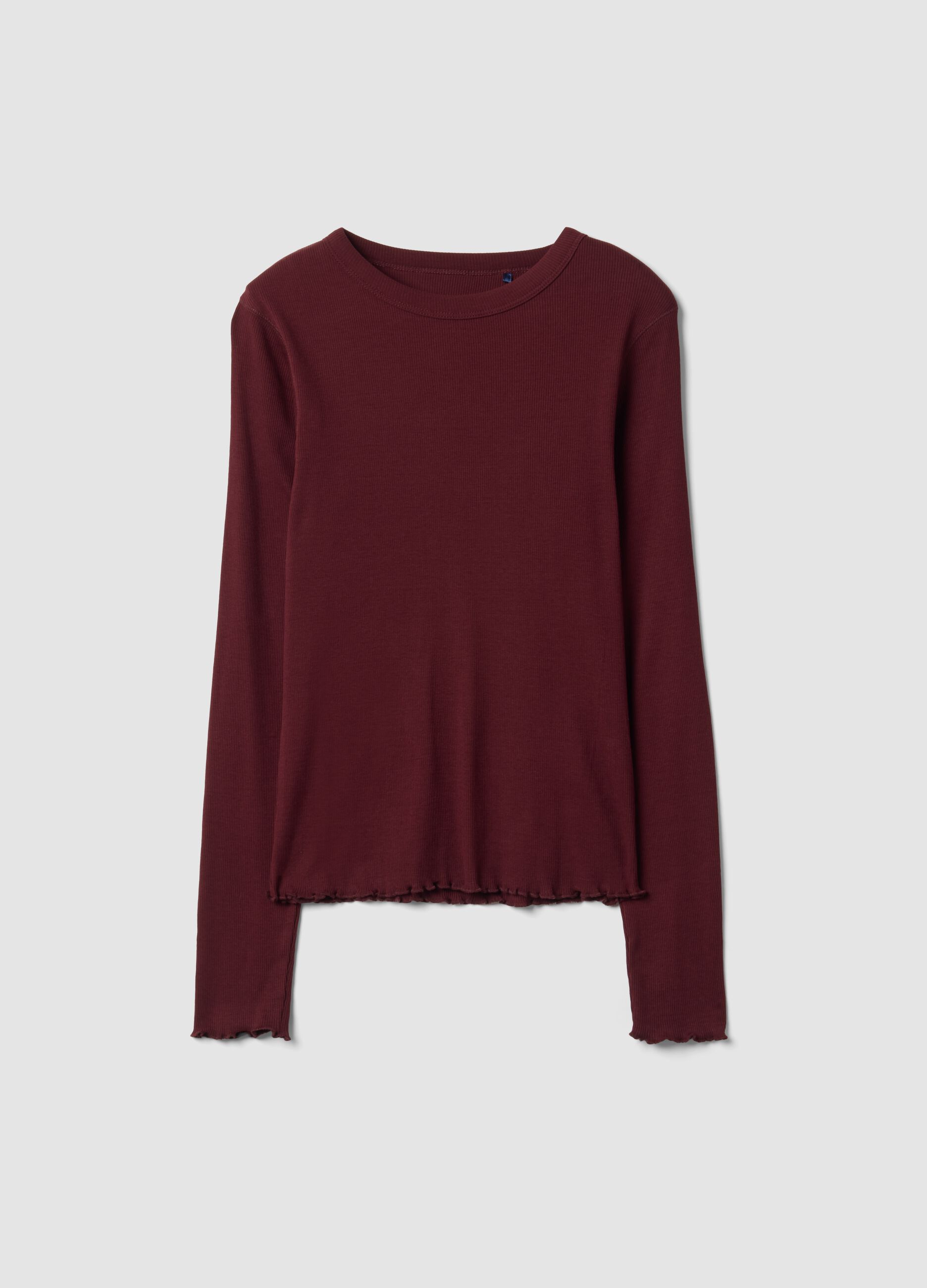 Burgundy pure cotton long-sleeve crew-neck T-shirt, regular fit
