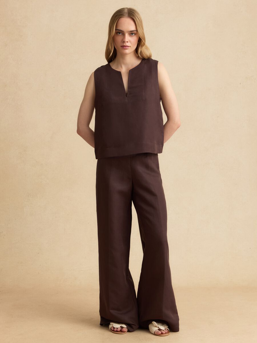 Brown linen-viscose blend wide-leg trousers with side zip fastening_0