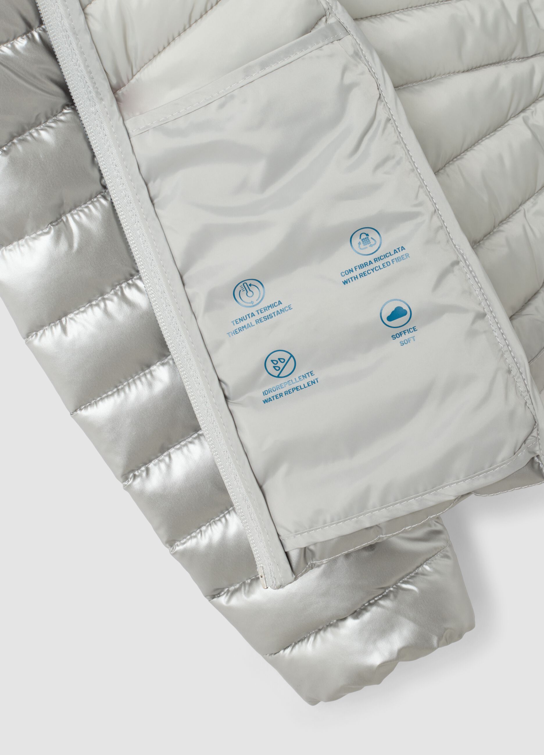 Casaco Ultralight acolchoado cinzento com capuz e fecho para rapariga
