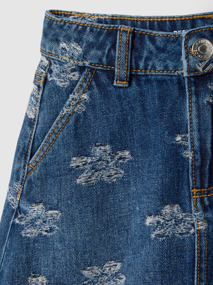 Blue denim pure cotton skirt with floral prints for girls, regular fit_2