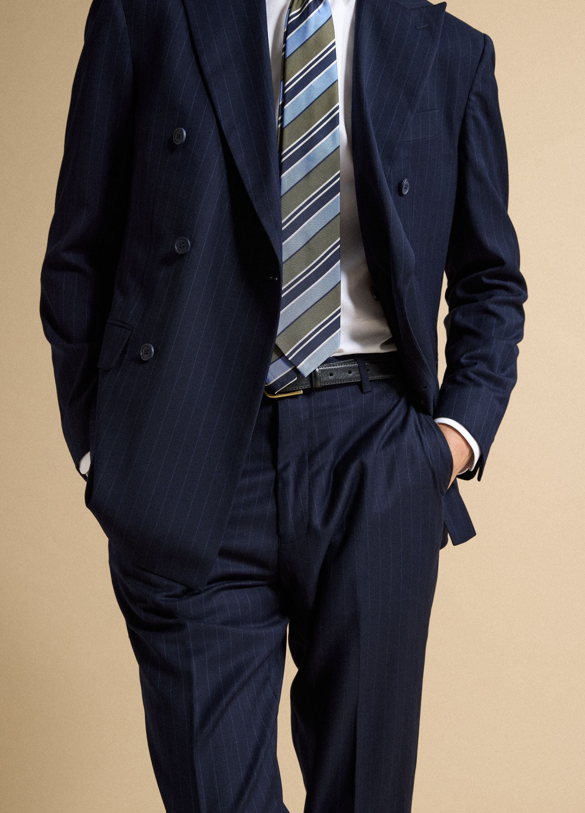 Blue pinstripe double-breasted stretch viscose suit