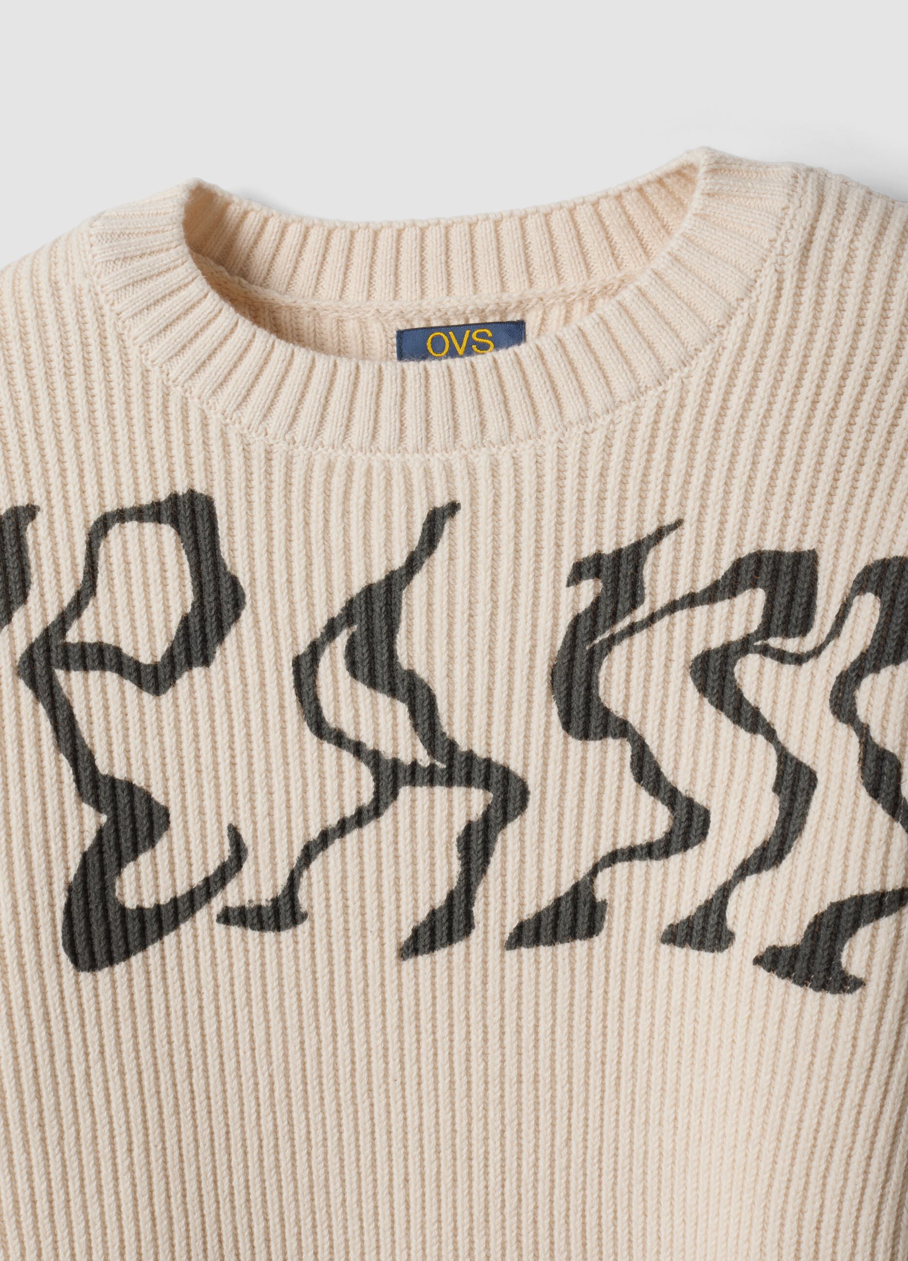 Beige oversized cotton-blend ribbed crew-neck top for boys