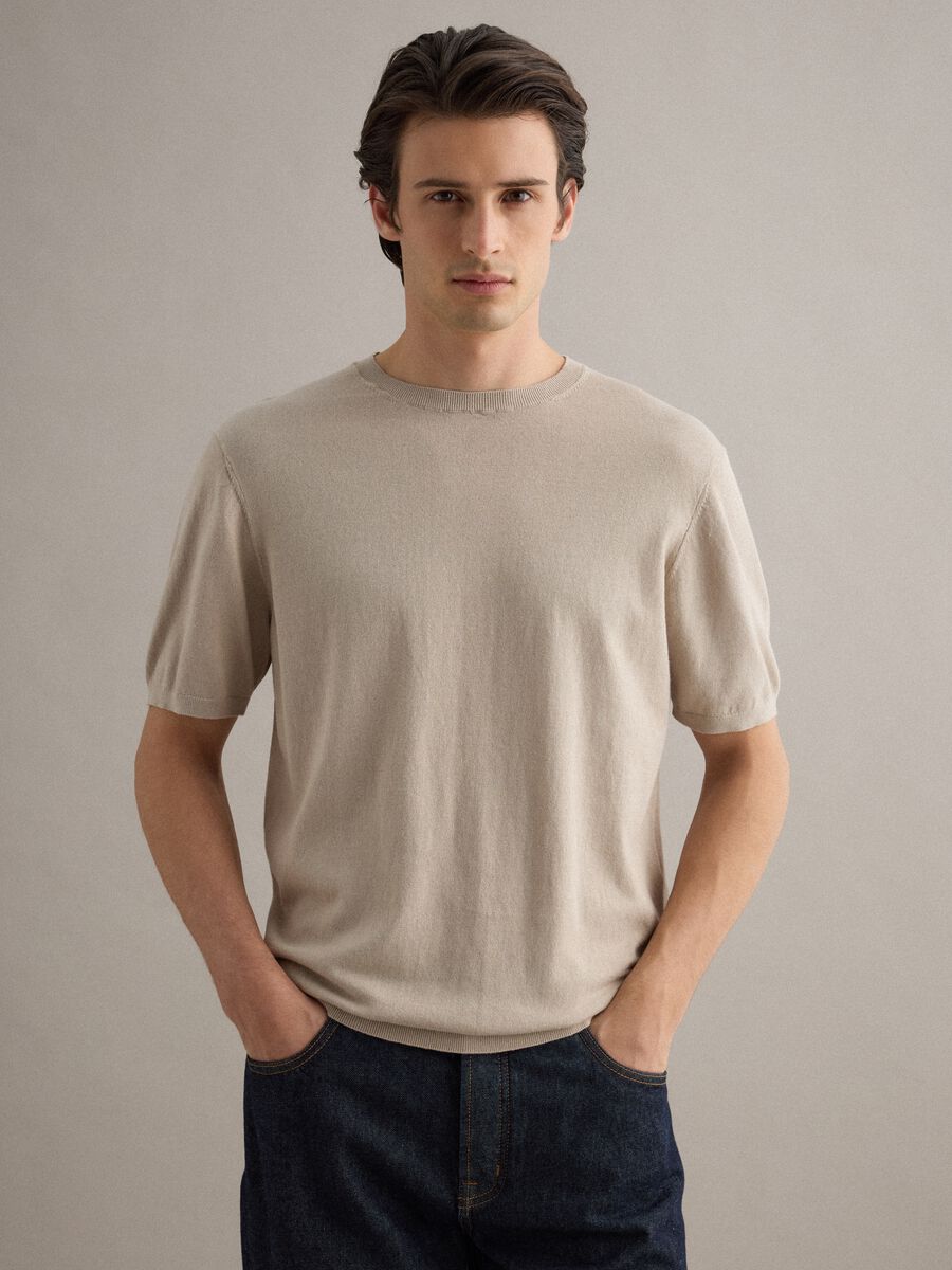Short-sleeve beige cotton, linen, and silk blend regular fit t-shirt_0
