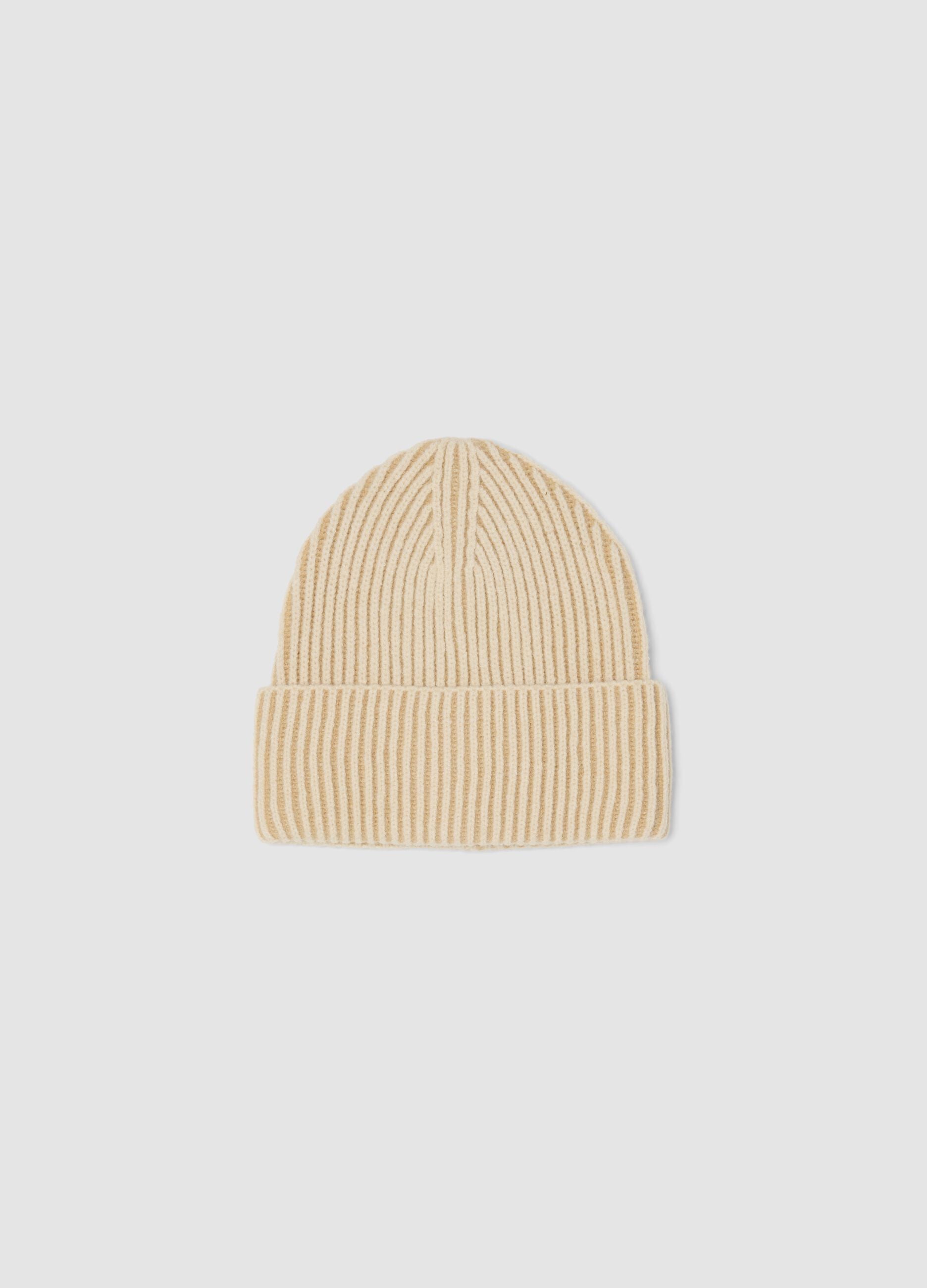 Beige ribbed knit beanie with turn-up