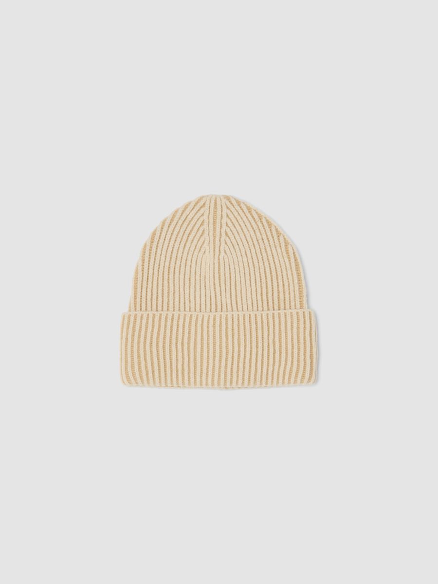 Beige ribbed knit beanie with turn-up_0