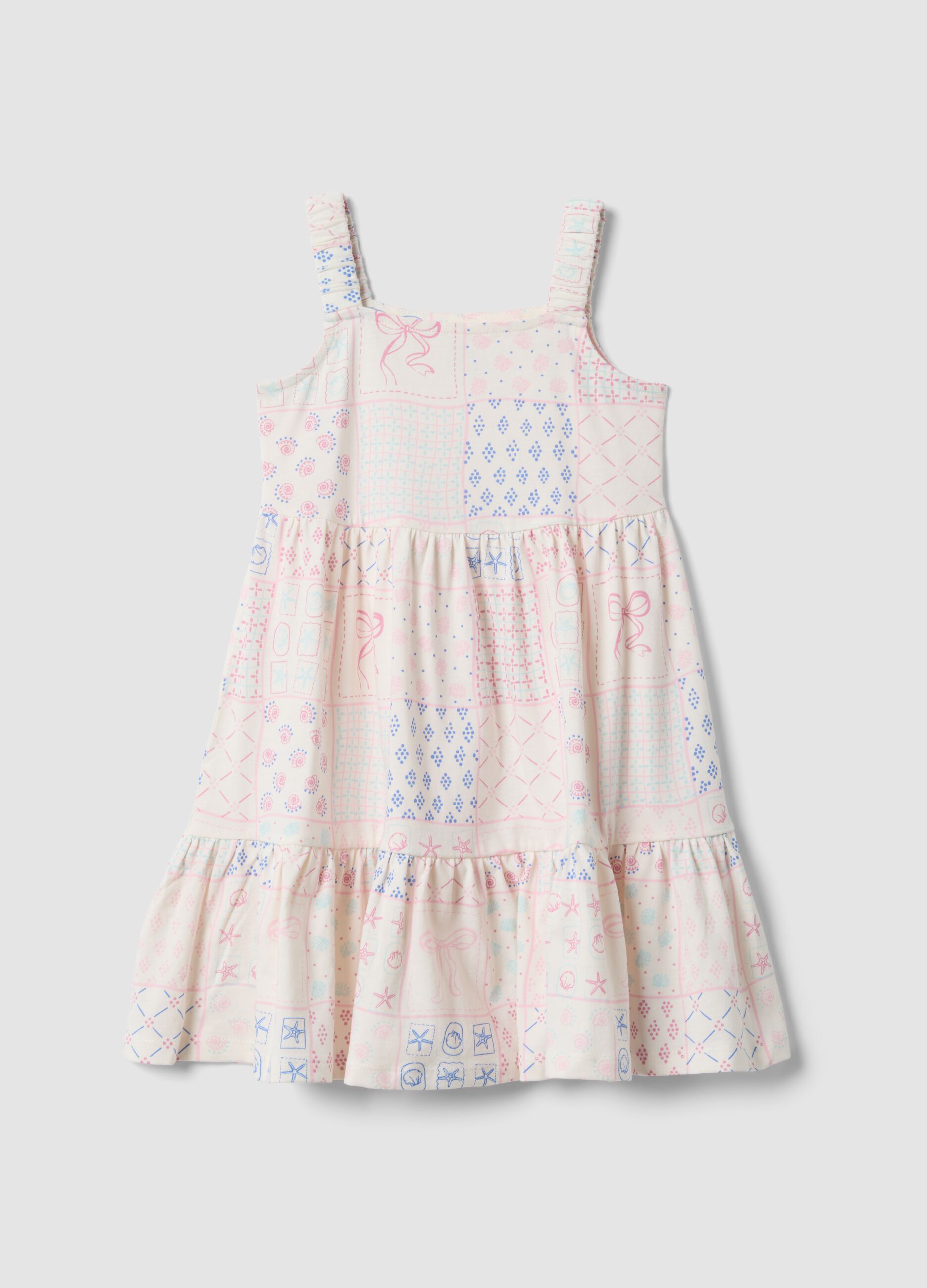 White and pink pure cotton girls&rsquo; dress, regular fit with printed pattern
