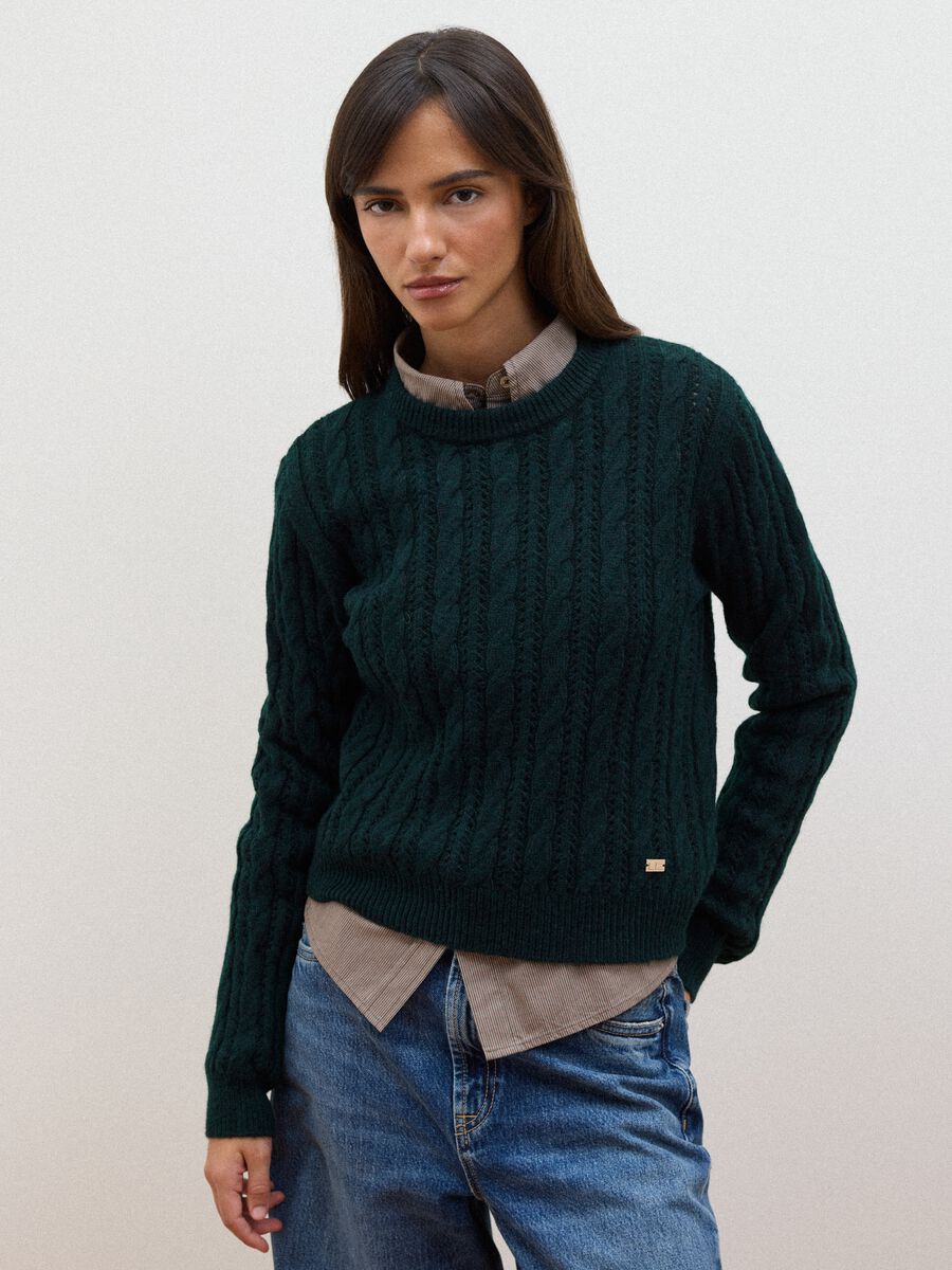 Green crew-neck cable-knit wool-blend jumper, regular fit_1