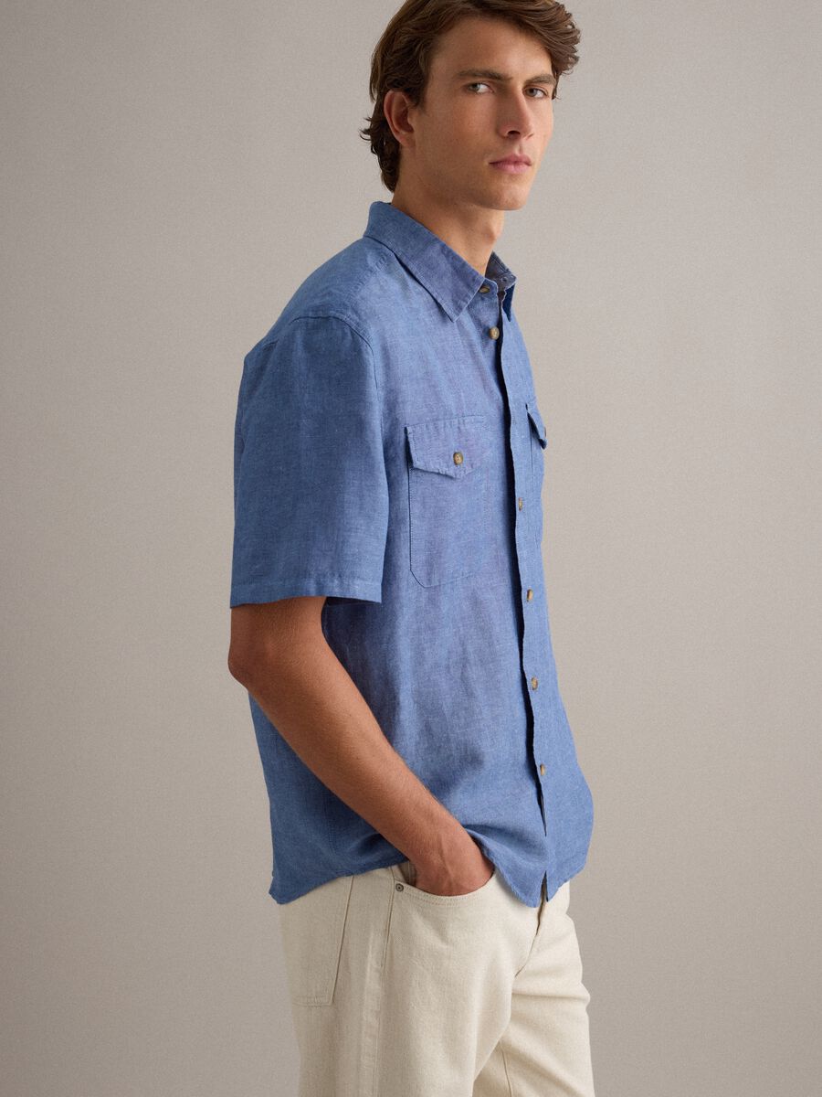 Herrenblaues Hemd aus Leinen-Baumwoll-Mischung_0