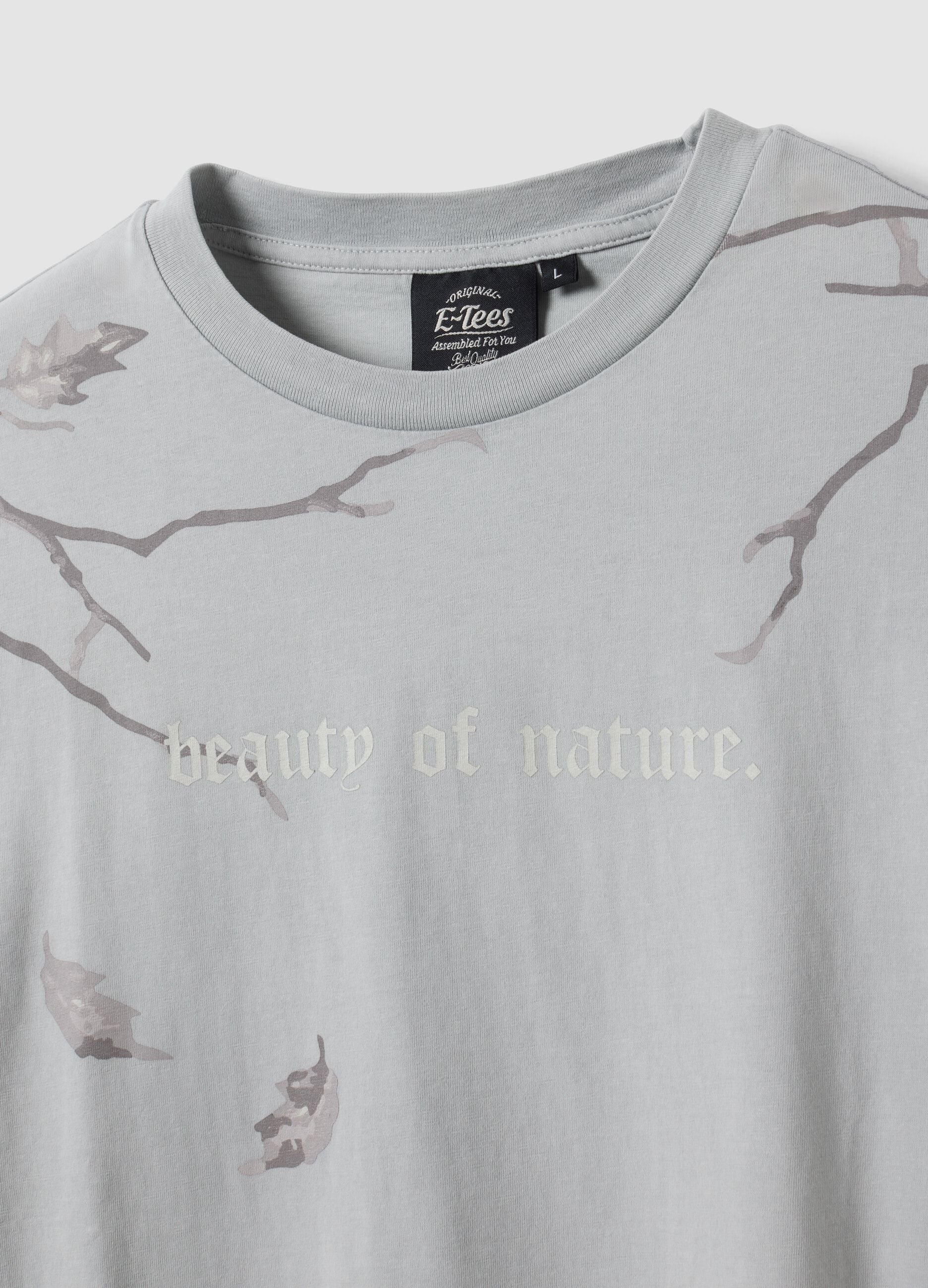 Grey pure cotton T-shirt with foliage print