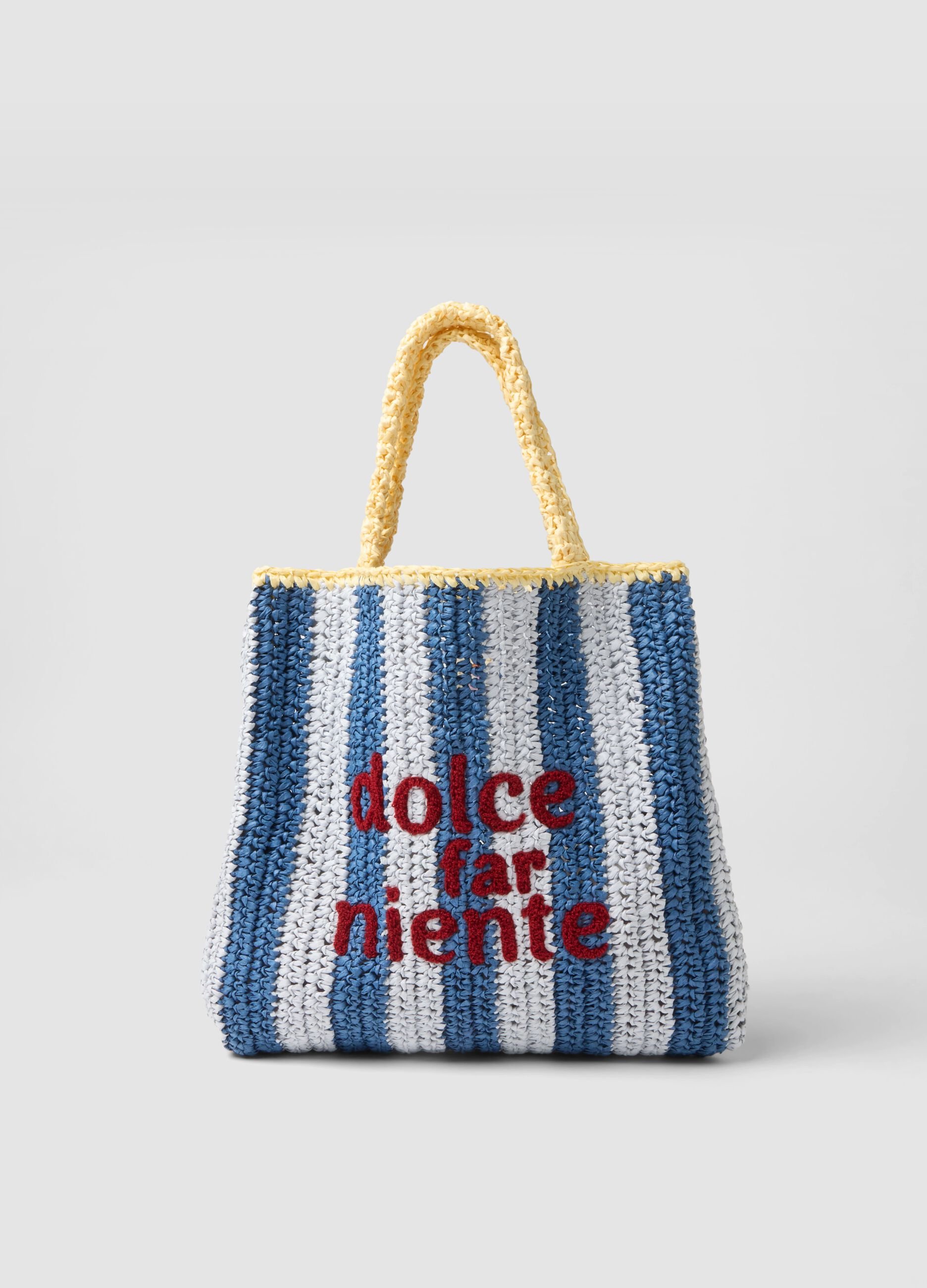 Multicoloured striped beach bag in pure paper fabric with slogan