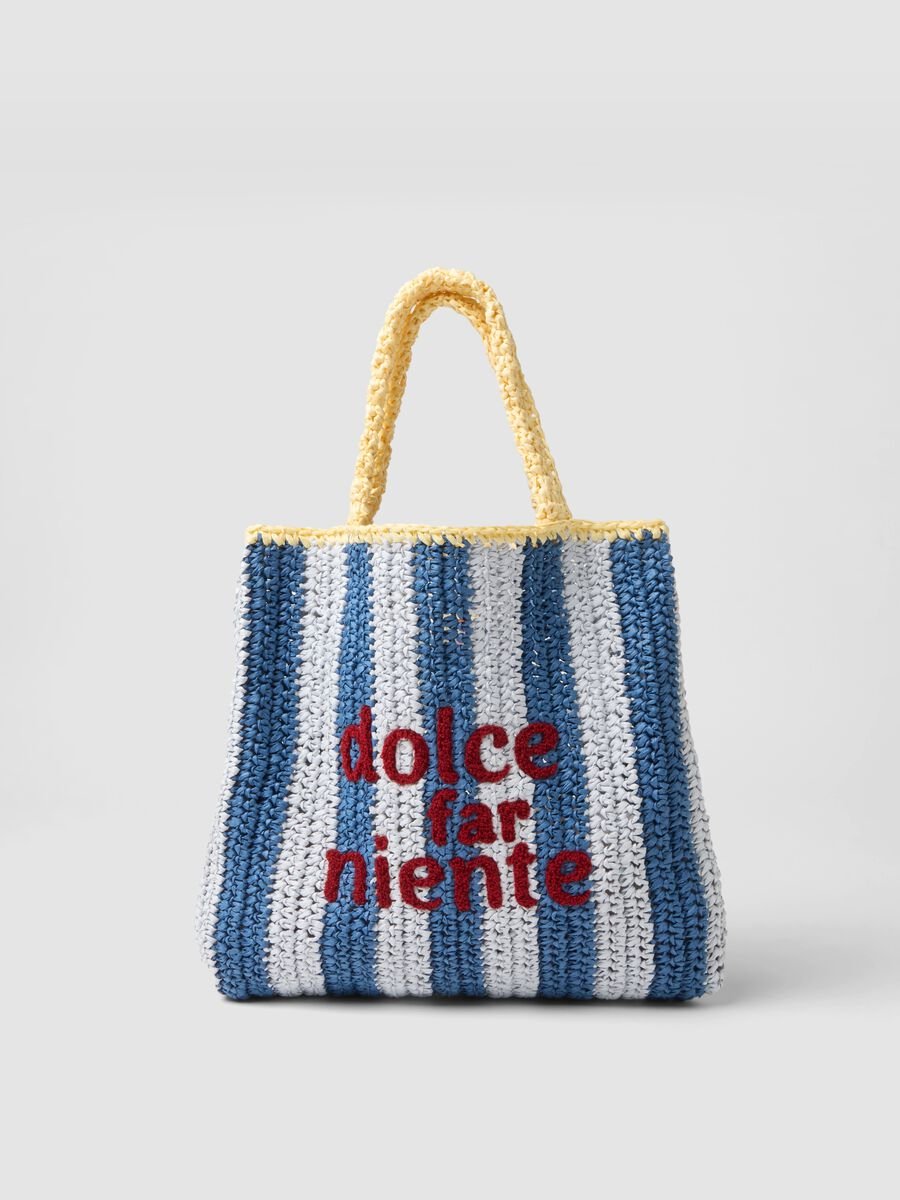 Multicoloured striped beach bag in pure paper fabric with slogan_0