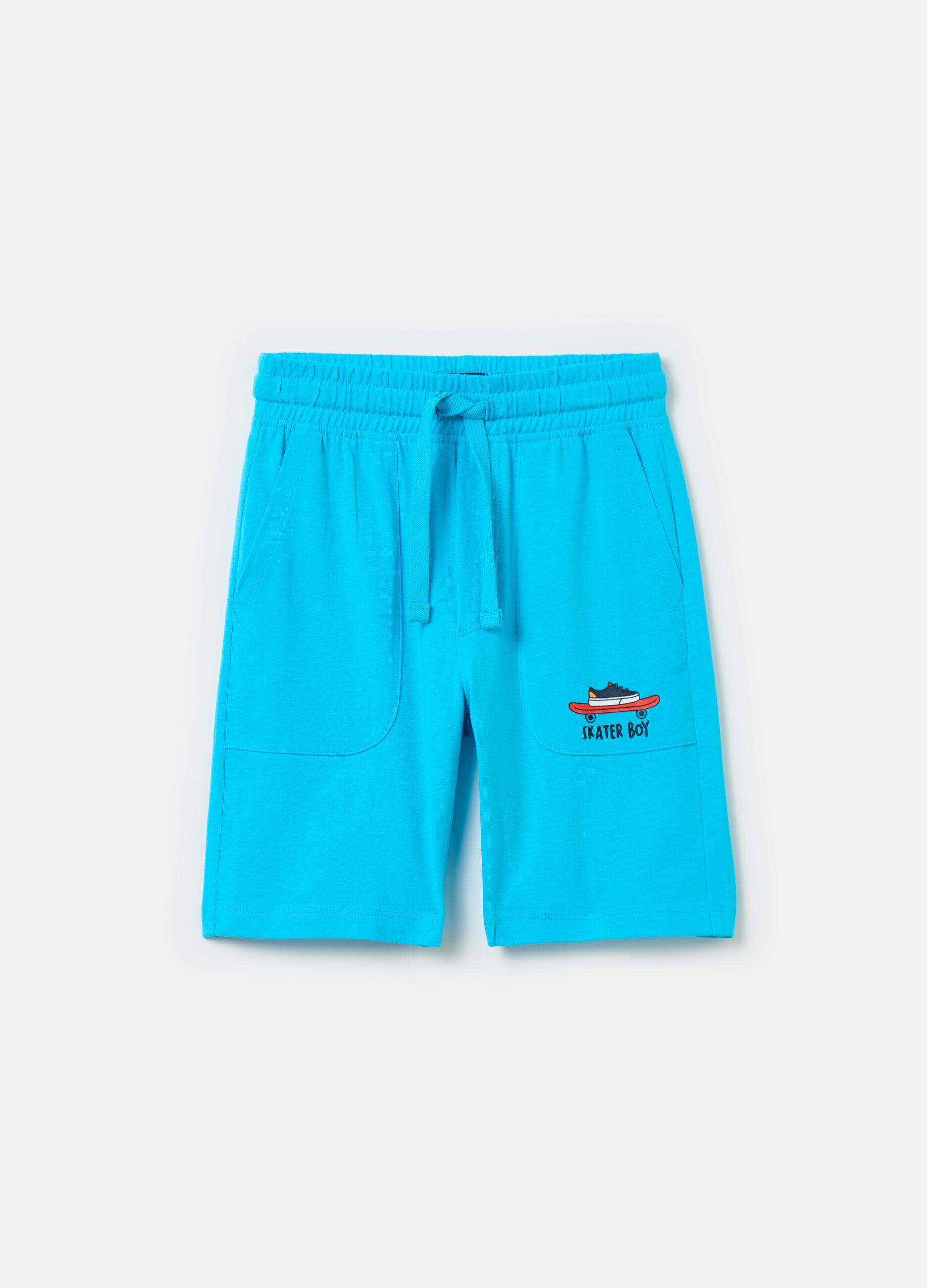 Fleece Bermuda shorts with drawstring and print